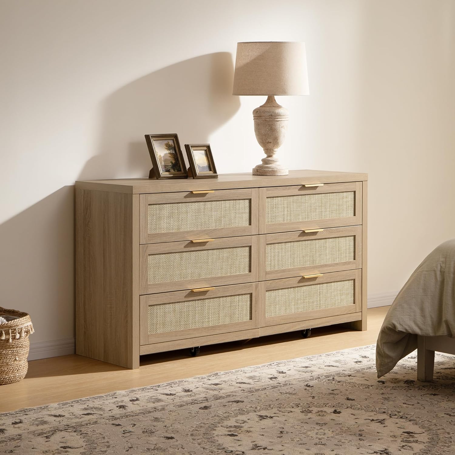 SICOTAS Rattan Dresser for Bedroom, 57 Wide 6 Drawer Dresser with Ample Storage, Dressers Large Chest of Drawers, Closet, Boho TV Stand for Bedroom (Reclaimed Light Oak, 1 Piece)