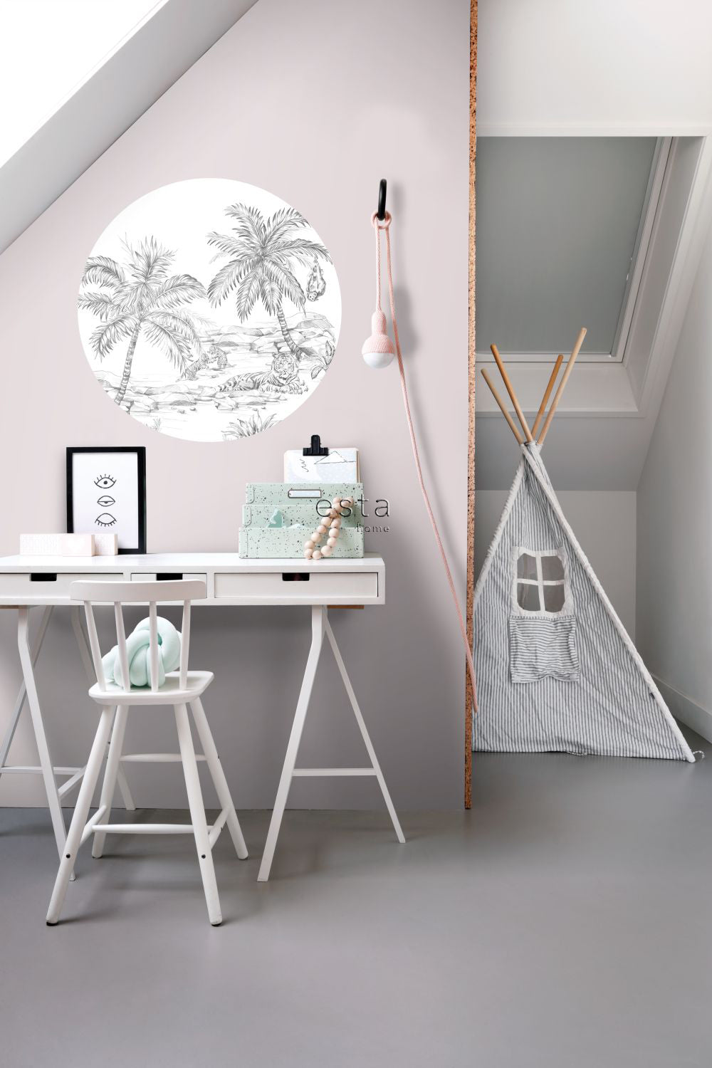 ESTAhome zelfklevende behangcirkel safari pentekening zwart wit - Ø 70 cm - 158980