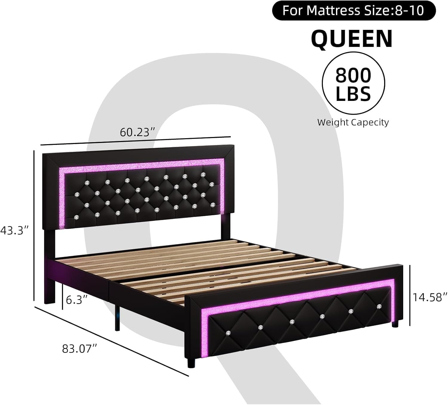 BarnFurin Queen Size Bed Frame with LED Lights, Upholstered Platform Bed with Diamond Tufted Headboard, No Box Spring Needed, Noise Free, Easy Assembly, Black