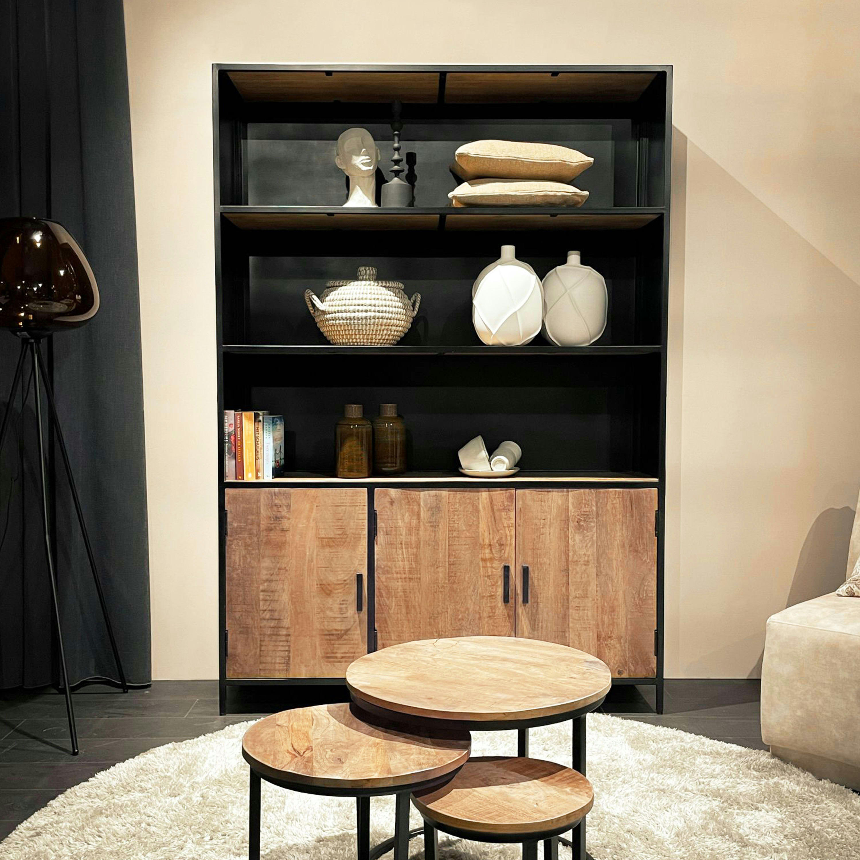 ANGLET - ANGLET-Buffet haut 3 portes L120cm en Manguier massif et métal noir