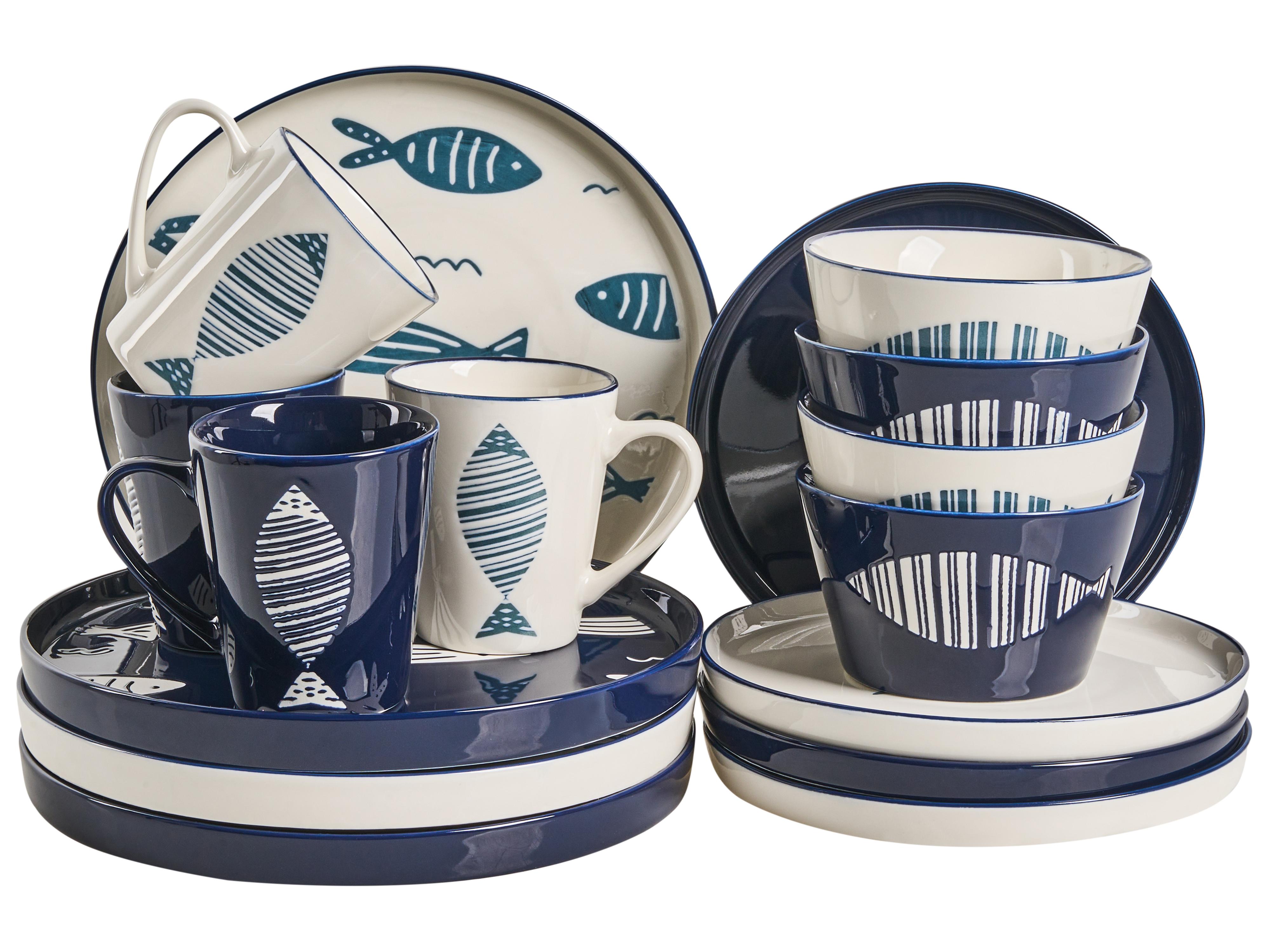 Set of 16 Dinnerware TAMARIND Porcelain White/ Blue