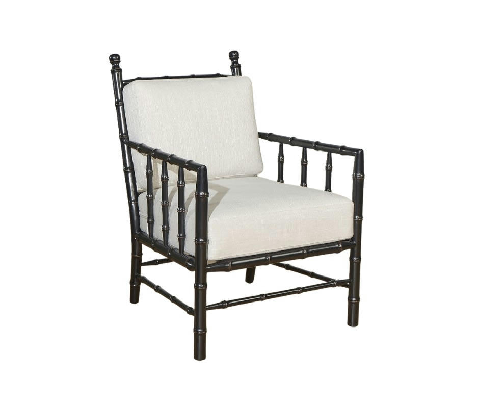 CATHERINE - Fauteuil colonial en bois laqué noir et tissu beige