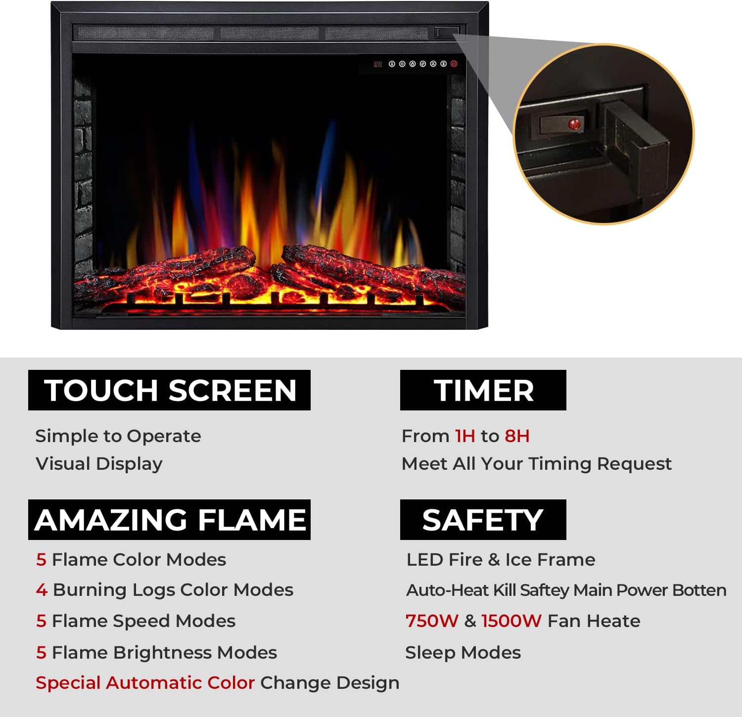 36 Electric Fireplace Insert,Recessed Electric Stove Heater,Touch Screen,Remote Control,750W-1500W with Timer & Colorful Flame Option (36 X 27)