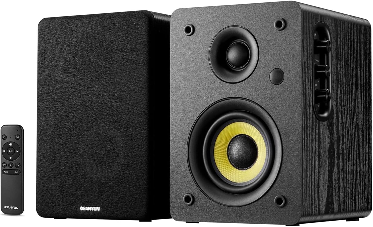 Sanyun SW206 80W Active Dual-Mode Bookshelf Speakers, 4” Studio Monitor & HiFi Mode, Upgraded 3D Sound Field, 6.35mm TRS Balanced, Bluetooth 5.4, Optical Coaxial Aux USB 24bit DAC, Black