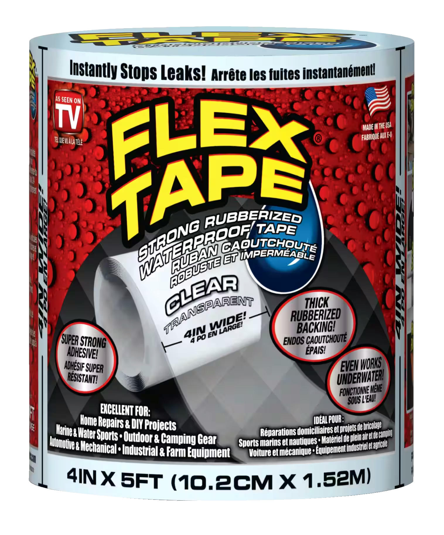 Flex Tape Rubberized Waterproof Adhesive Tape, Seals & Repairs Leaks, Clear, 4-in x 5-ft