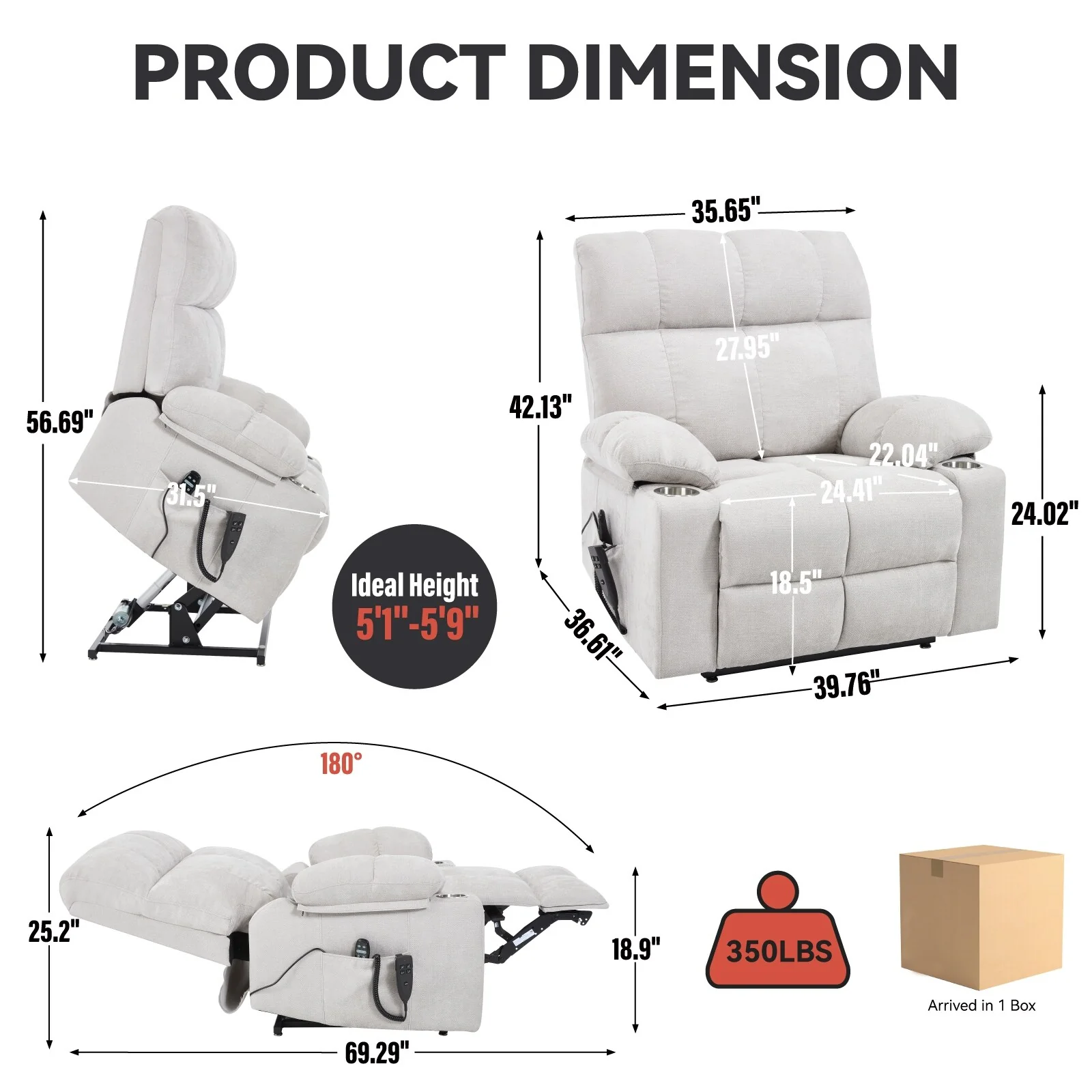 Dual Motor Infinite Position Power Lift Recliner Chair, Motion Mechanism with 8-Point Vibration Massage and Lumbar Heating