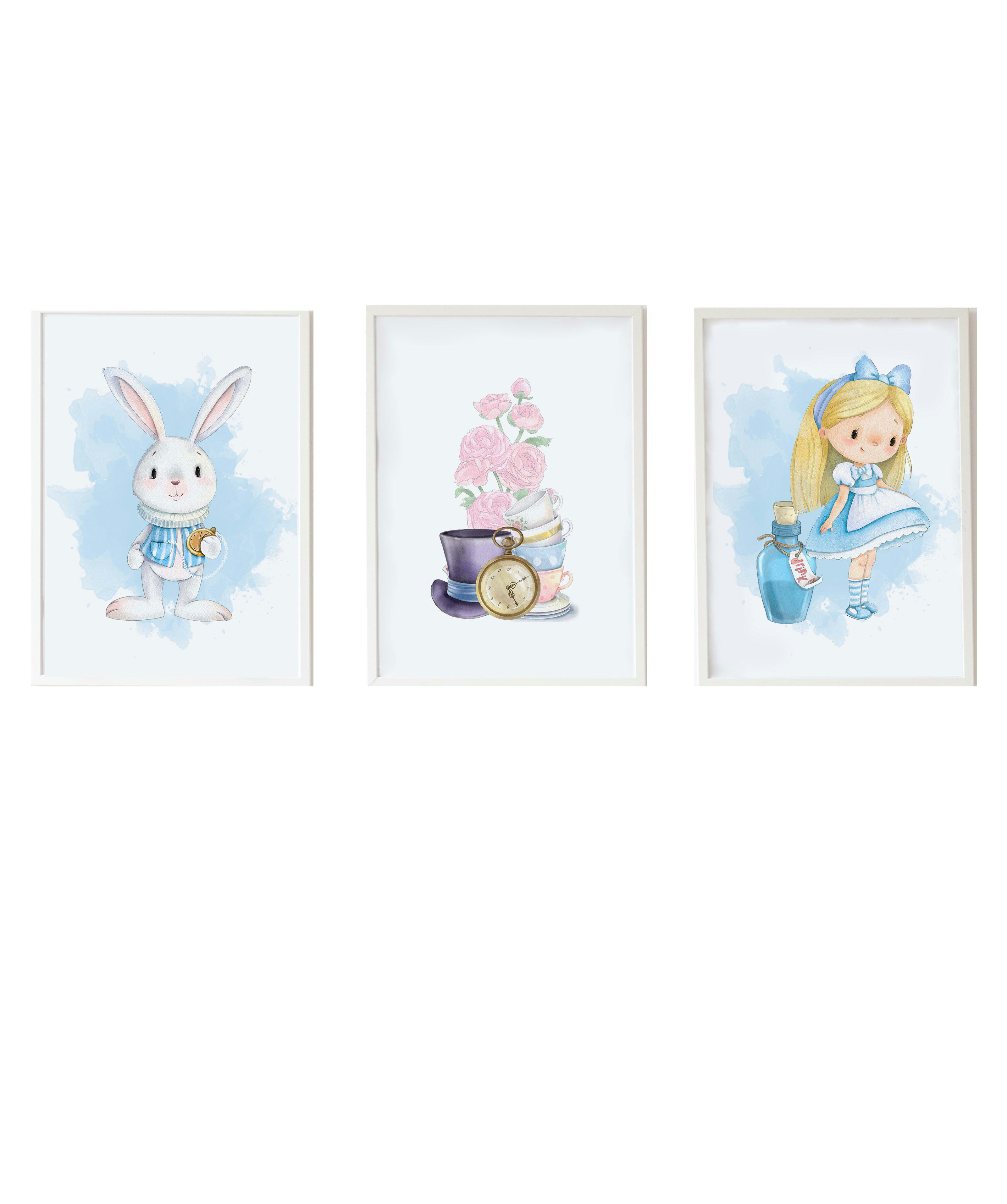 DECOWALL - Pack encadré bois blanc impression le lapin Alice et fleurs 43X33 cm
