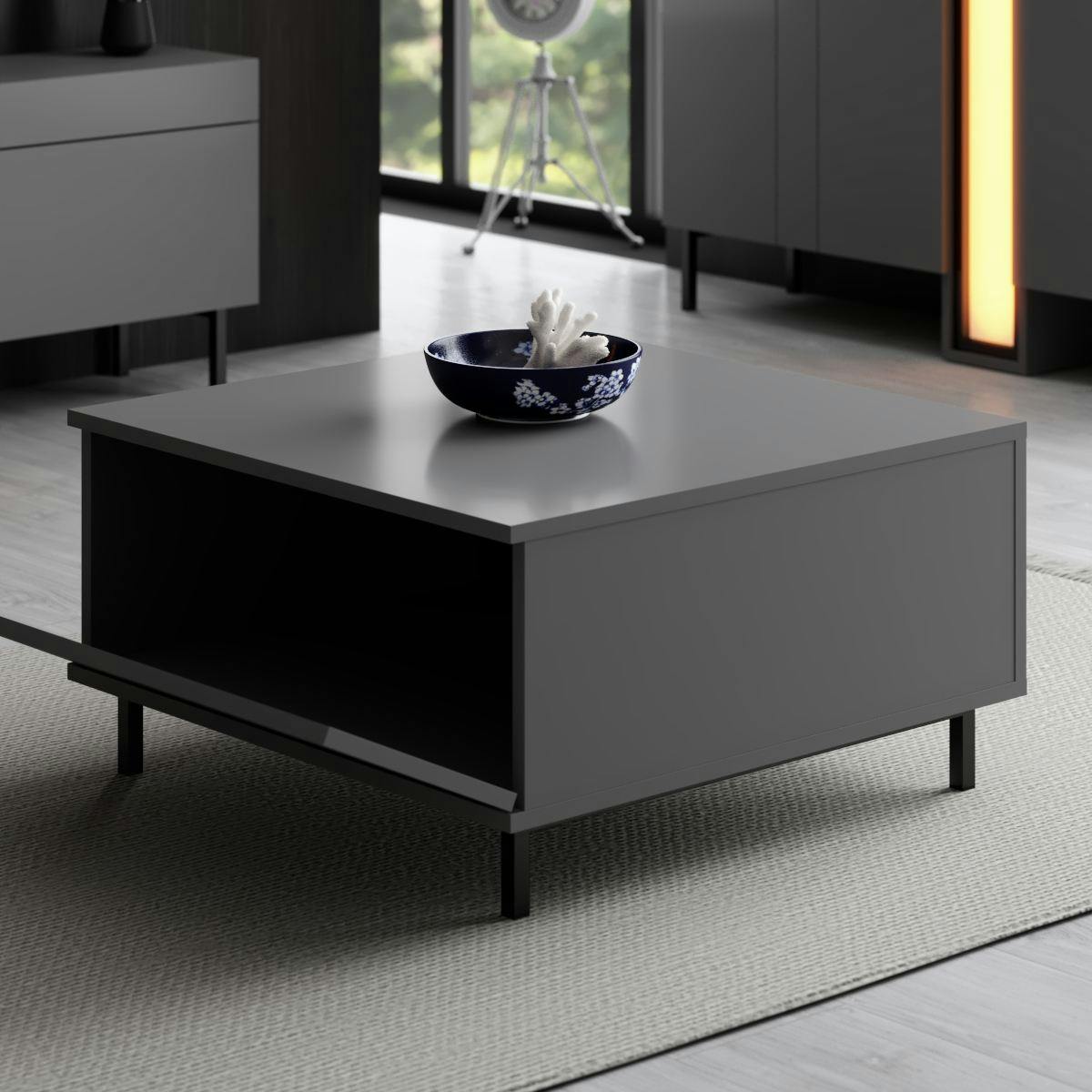 Table basse carrée gris foncé avec coffre de rangement AURA