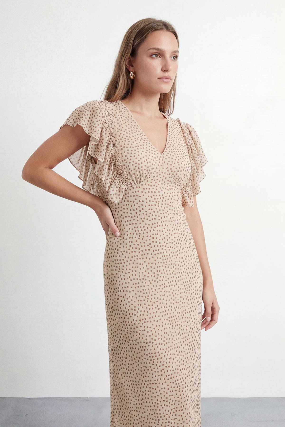Warehouse Petite Polka Dot Print Ruffled Sleeve V Neck Maxi Dress