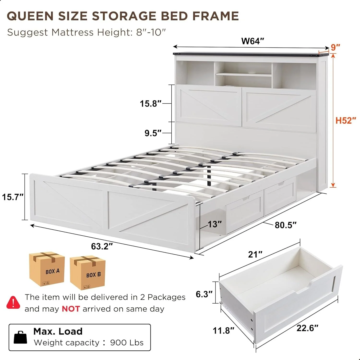 Farmhouse Queen Size Wood Bed Frame with Storage Headboard and Drawers