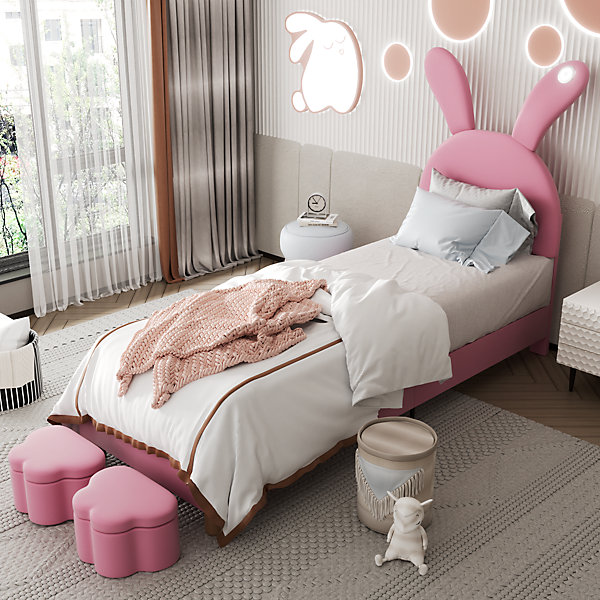 Lit enfant 90x200 cm - Lit simple capitonné jeunesse avec 2 tabourets de rangement et éclairage LED - Velours - Rose