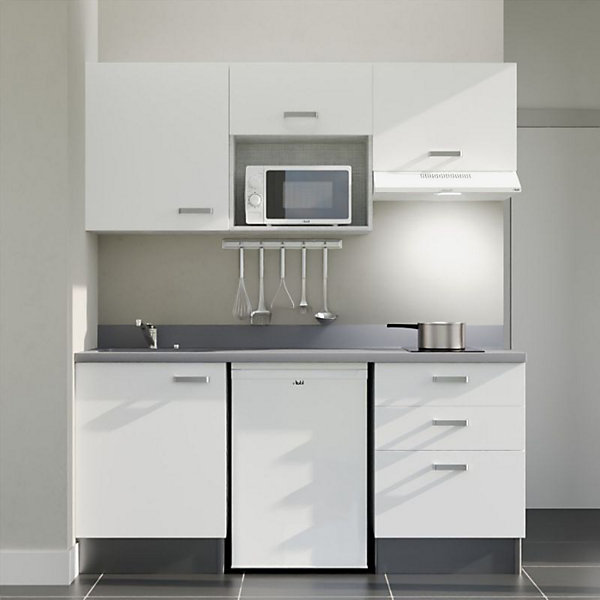 Kitchenette K20 - 180 cm - façades Blanc - Plan monobloc en quartz coloris Cromo évier à gauche - Electroménager Blanc
