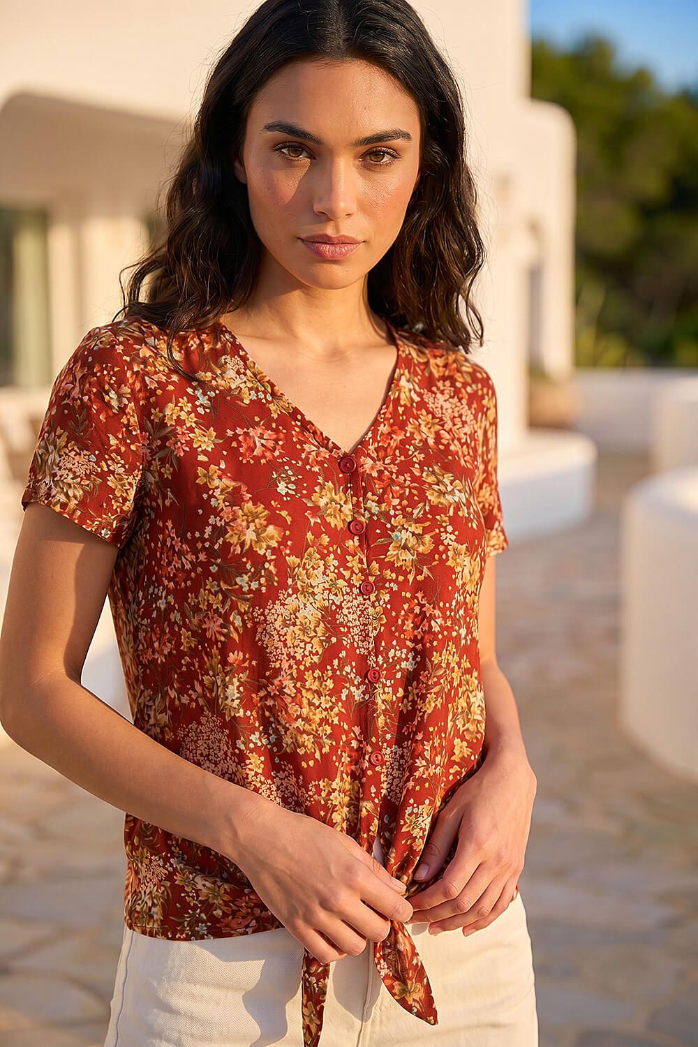 Roman Floral Tie Front Stretch Top