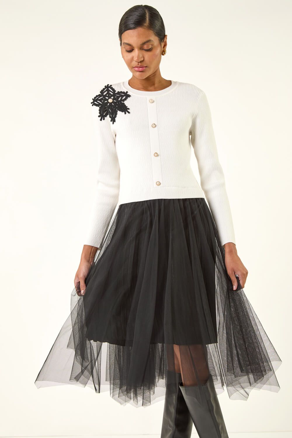 Roman Buttoned Knit Mesh Midi Dress