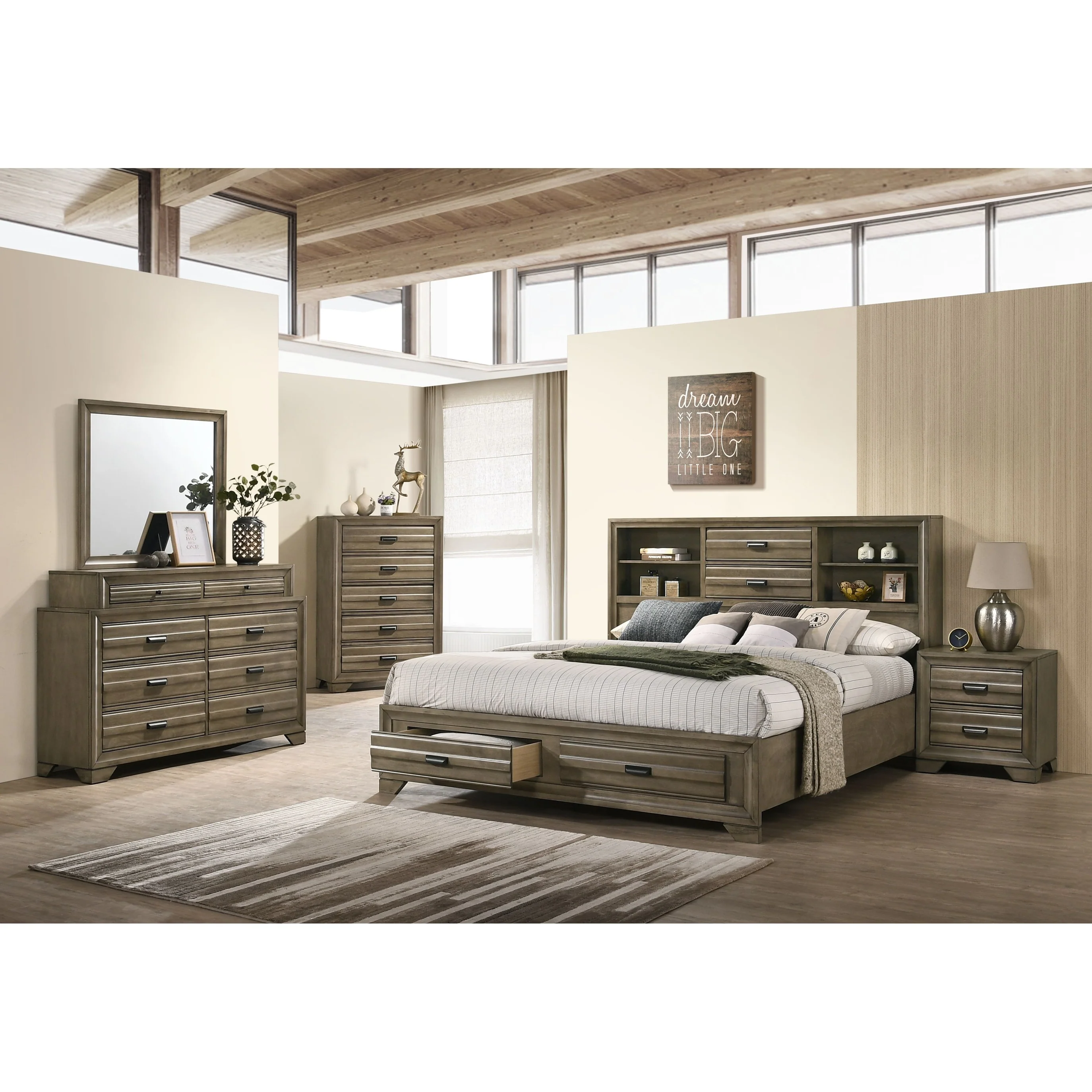 Roundhill Furniture Loiret Rubbed Gray Oak Finish Wood Storage Platform Bedroom Set with Dresser, Mirror, Two Nightstands, Chest