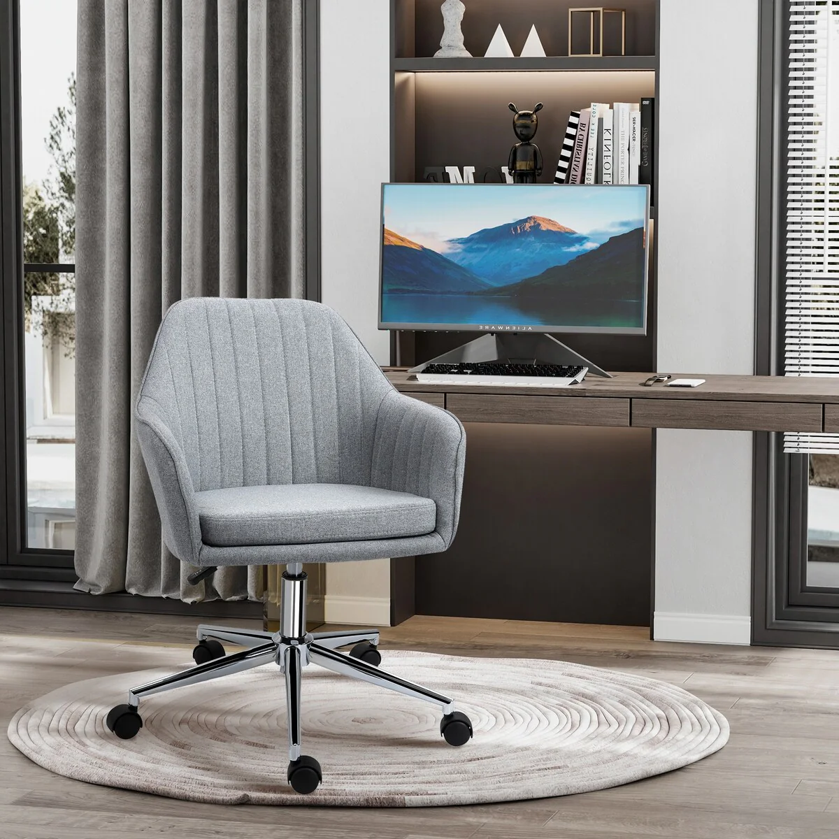 Mid-Back Task Chair, Fabric Home Office Chair, Swivel Desk Chair with Tub Shape Design & Lined Pattern Back for Living Room
