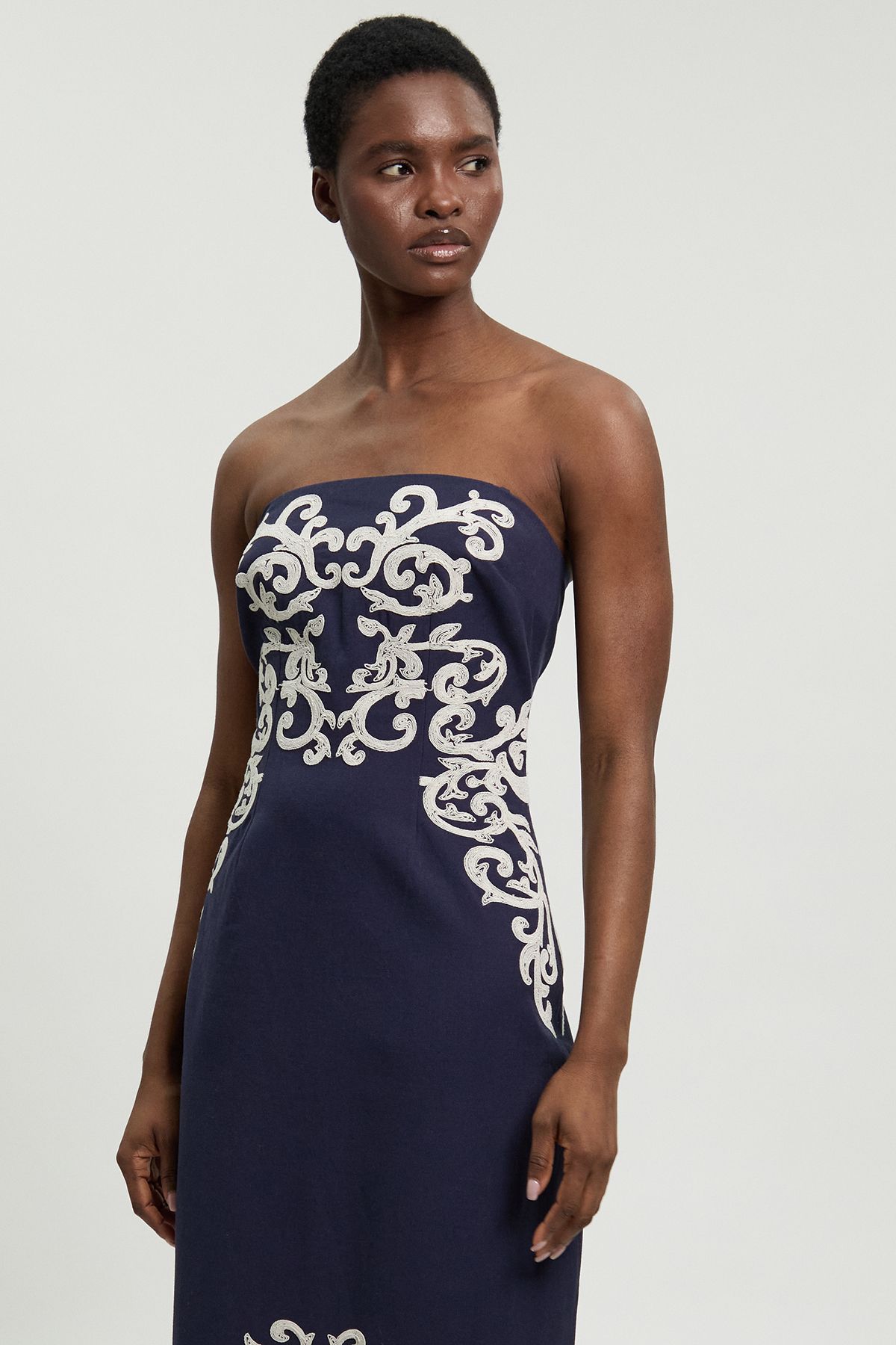 KarenMillen Cotton Linen Embroidered Bandeau Midi Dress