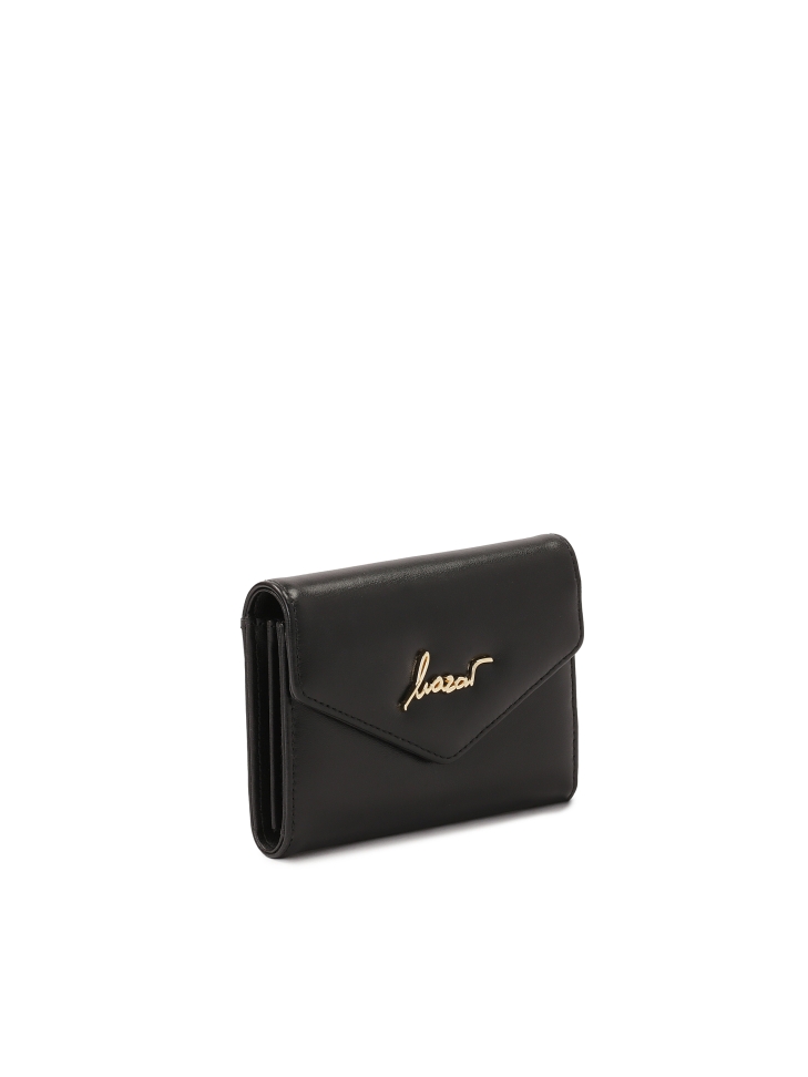 Compact leather wallet with snap closure flap