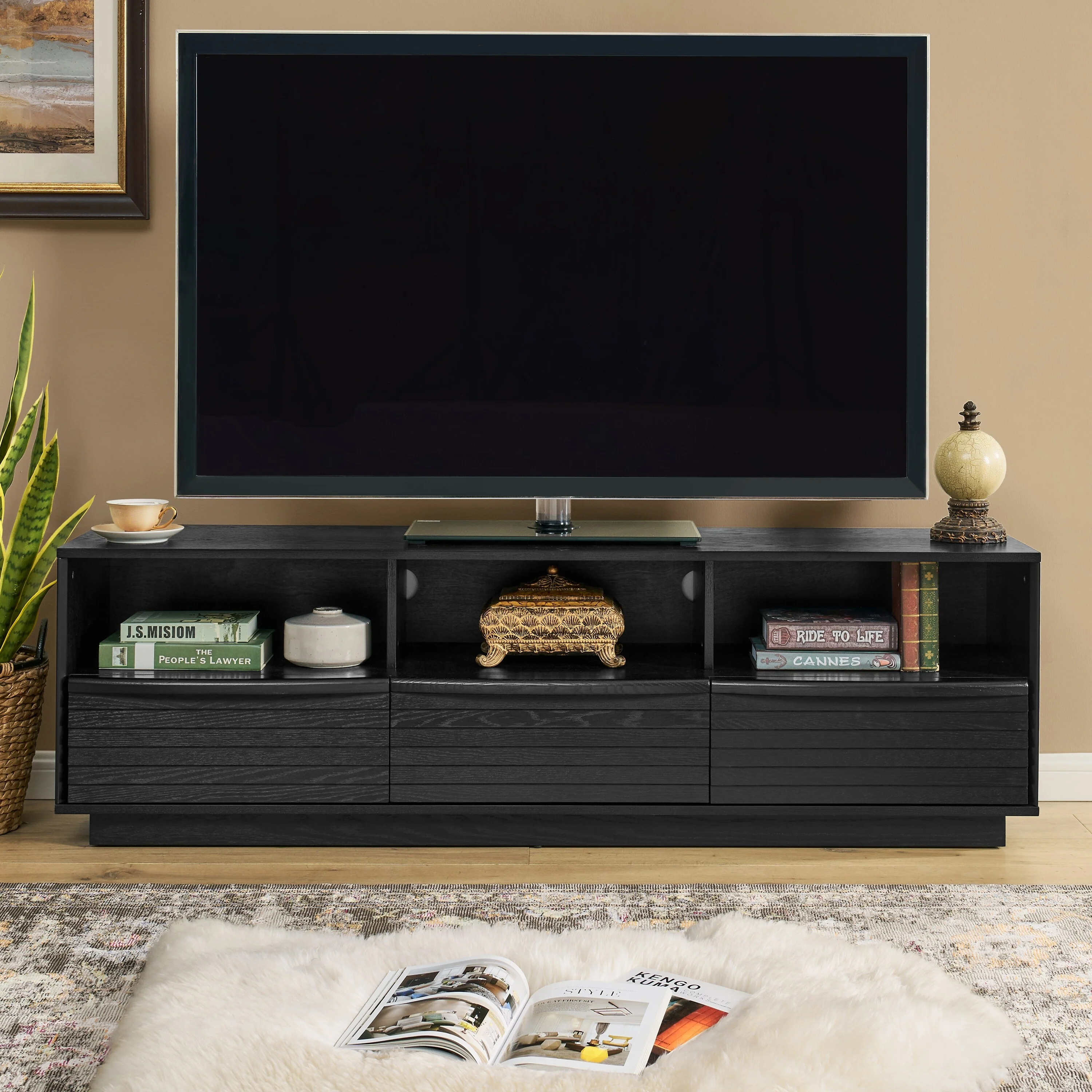 63 Mid-Century Modern TV Stand for TVs up to 75, Thick Sturdy Farmhouse Entertainment Cabinet