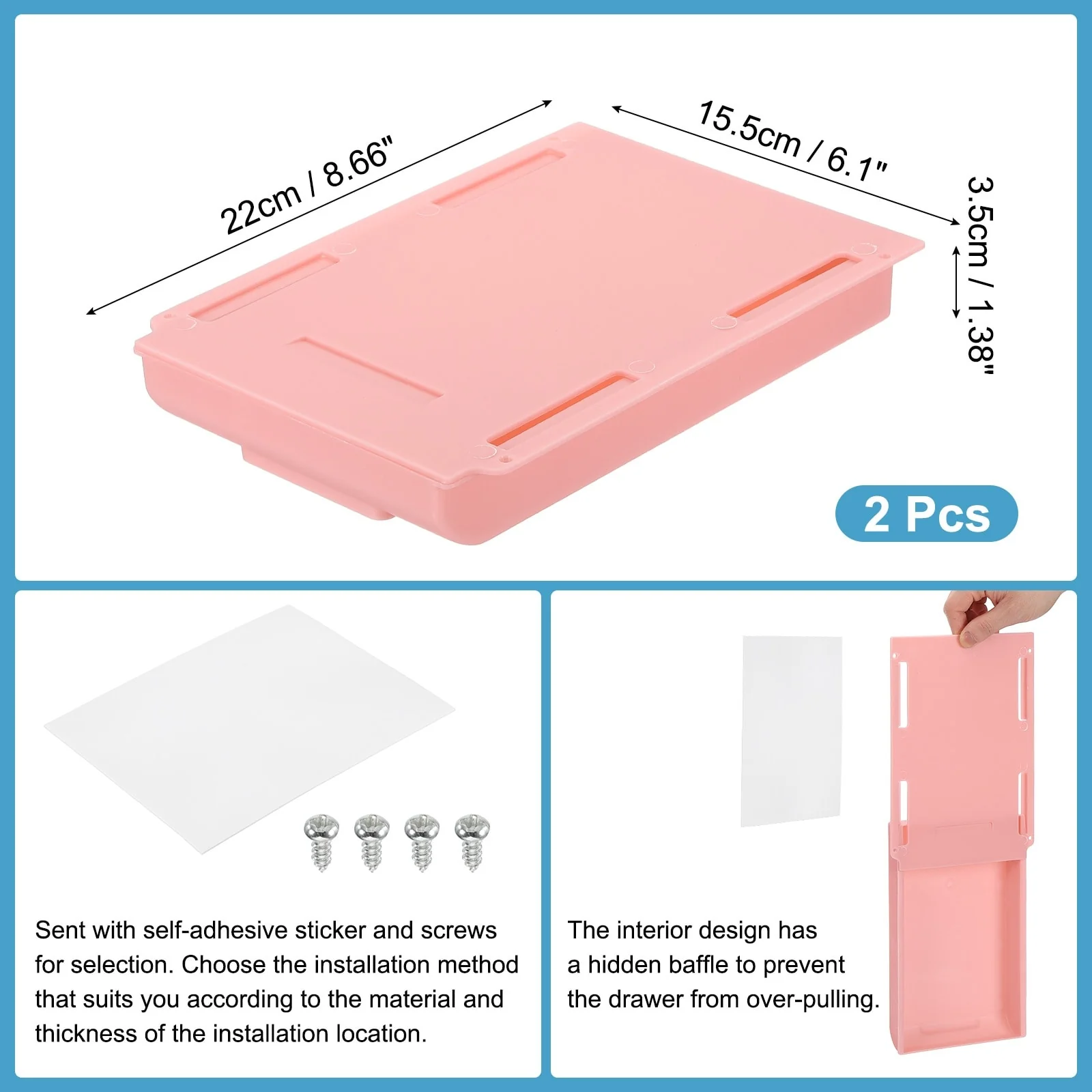 2 Pcs Self-Adhesive Under Desk Drawer for Standing Desk Office - 8.66 x 6.1 x 1.38 inches