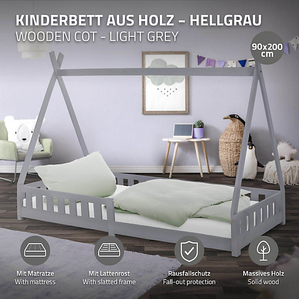 Lit d'enfant ML-Design Tipi 90x200 cm gris clair en bois de pin style indien avec matelas H:10 cm