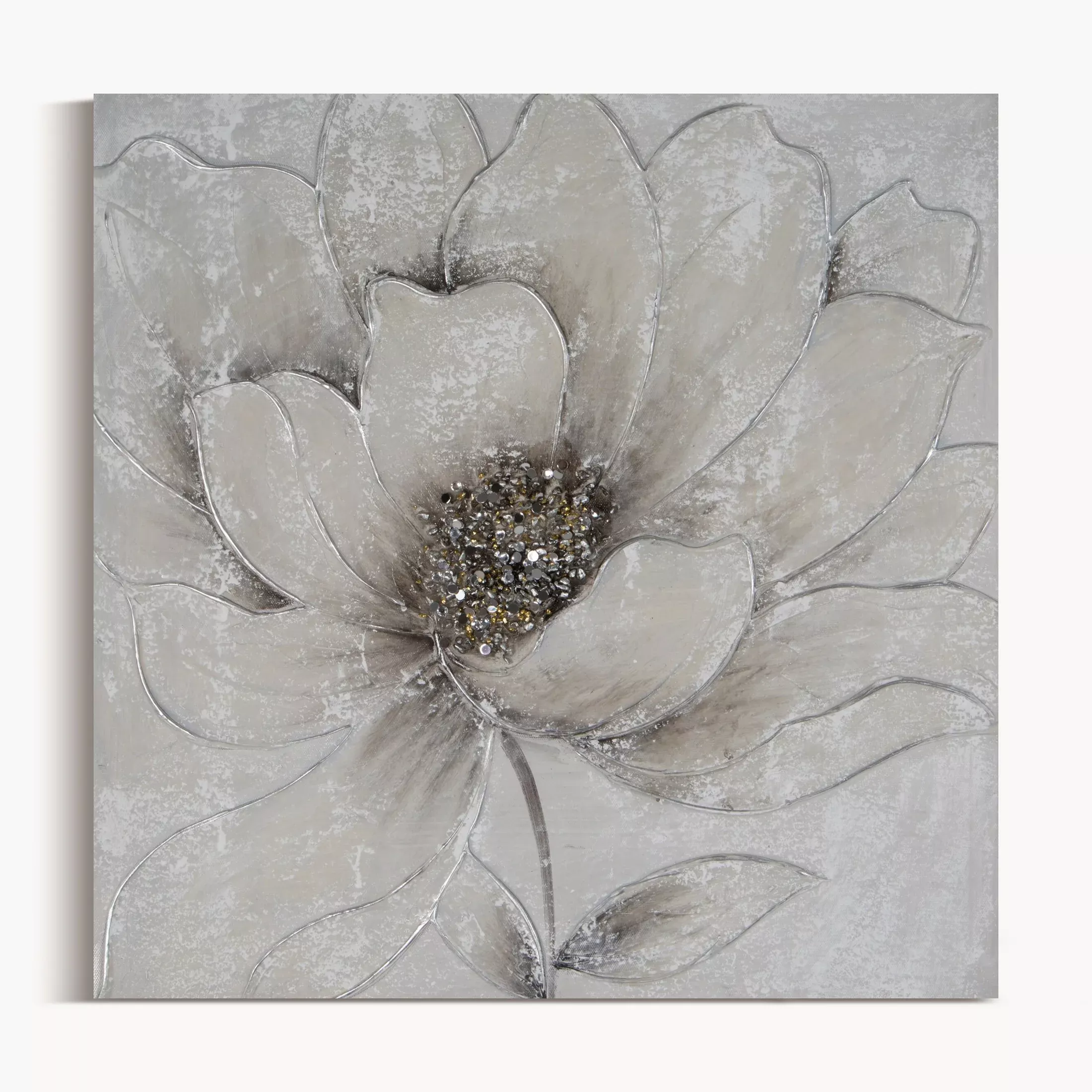 Obraz roślinny szaro, srebrzysty ręcznie malowany na płótnie kwiat z dodatkami cyrkonii 50x50 cm FLOWERY 2