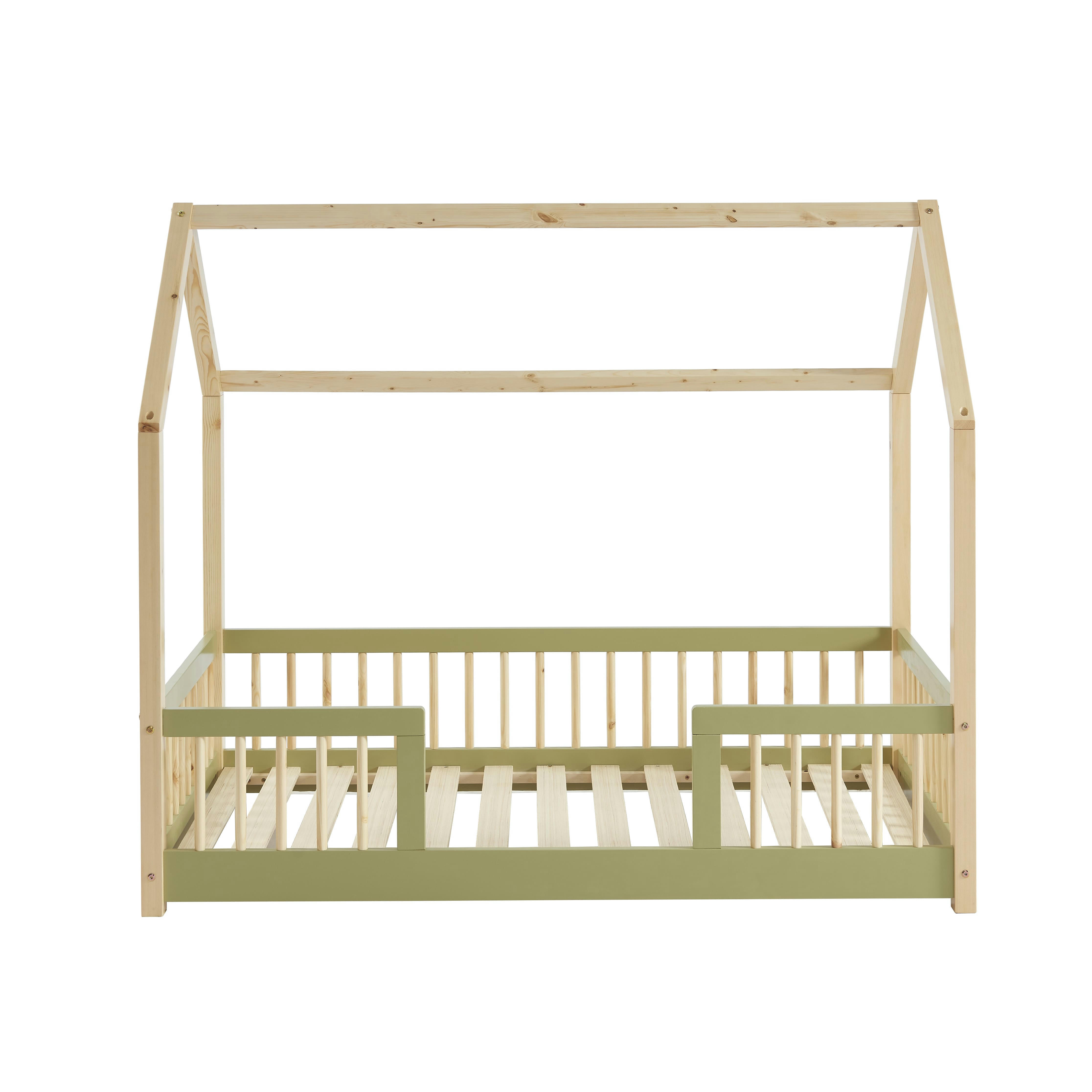 TINY - Lit cabane avec barrières  pin et vert 70x140 sommier inclus