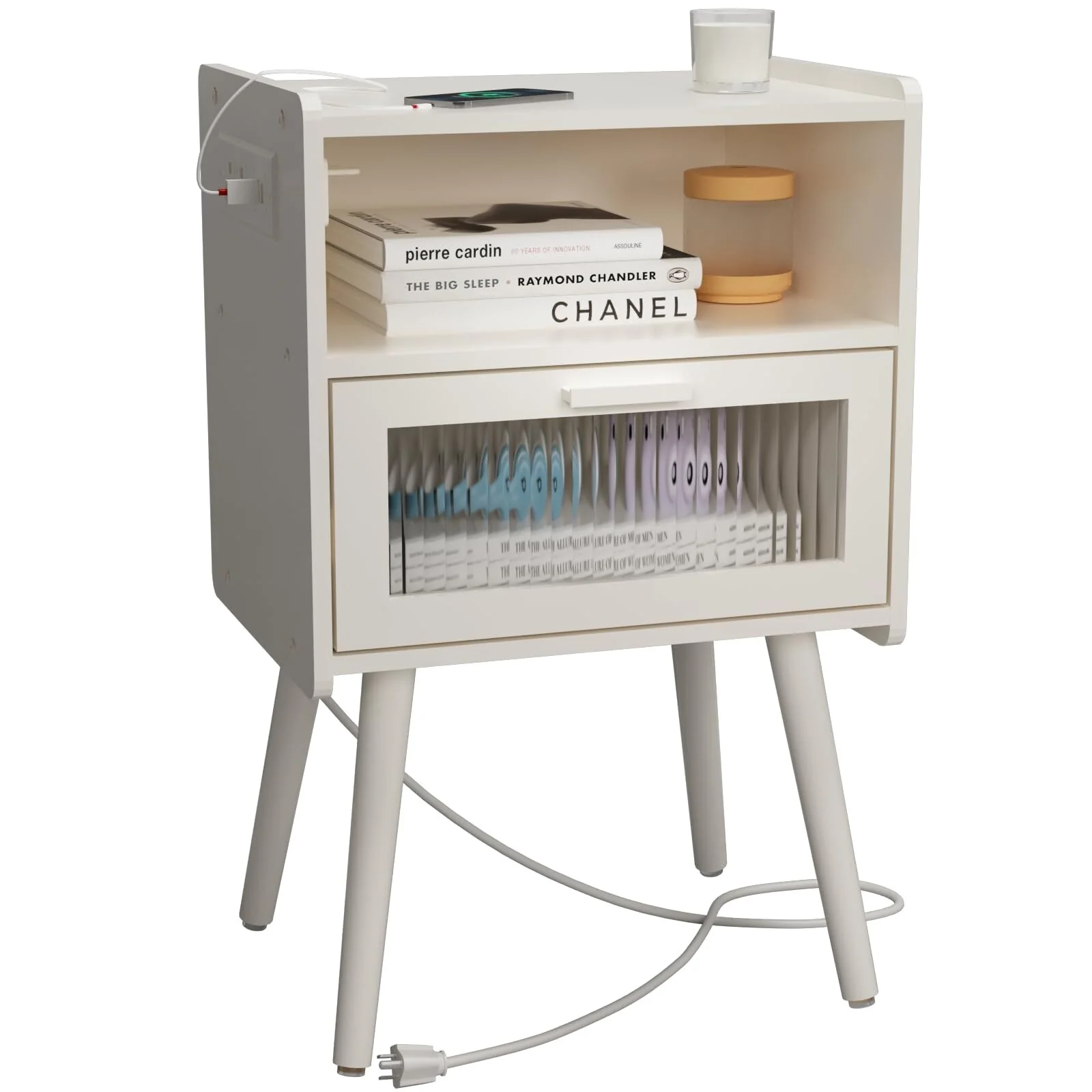 Mid Century Modern Nightstand with Charging Station, Bedside Tables with Glass Drawer, End Table Side Table with 2 Tiers