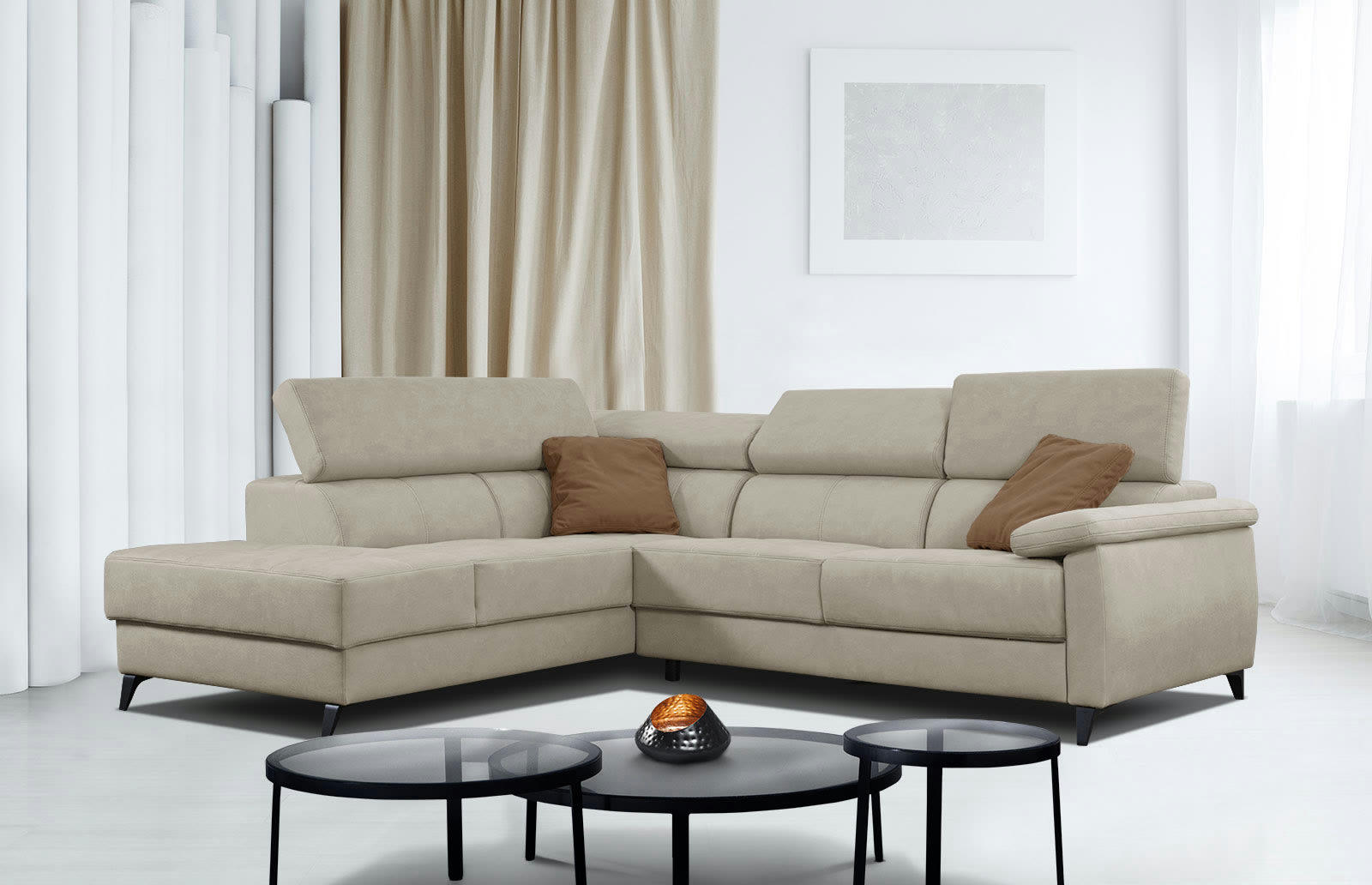 TAUNUS - Canapé d'angle gauche 5 places beige clair