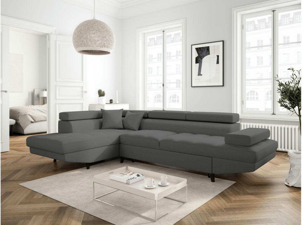 RIO SCANDI - Canapé angle gauche convertible, coffre - Gris foncé- Pieds noir