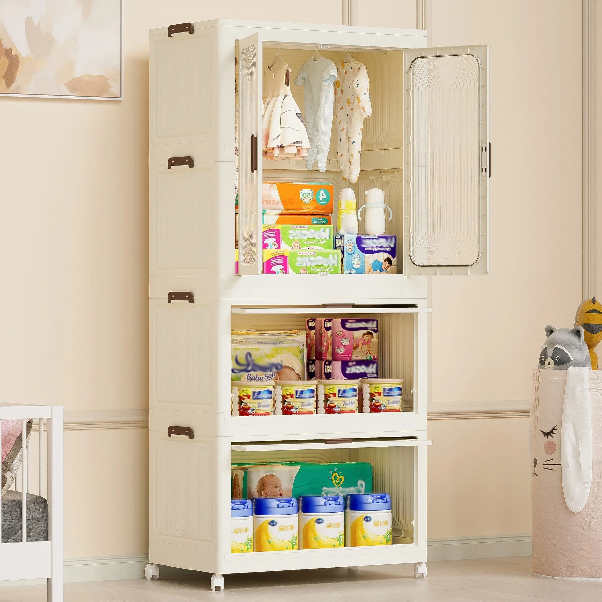 Portable Baby Wardrobe Closet with Magnetic Doors, Hanging Rod, 10 Hangers, White