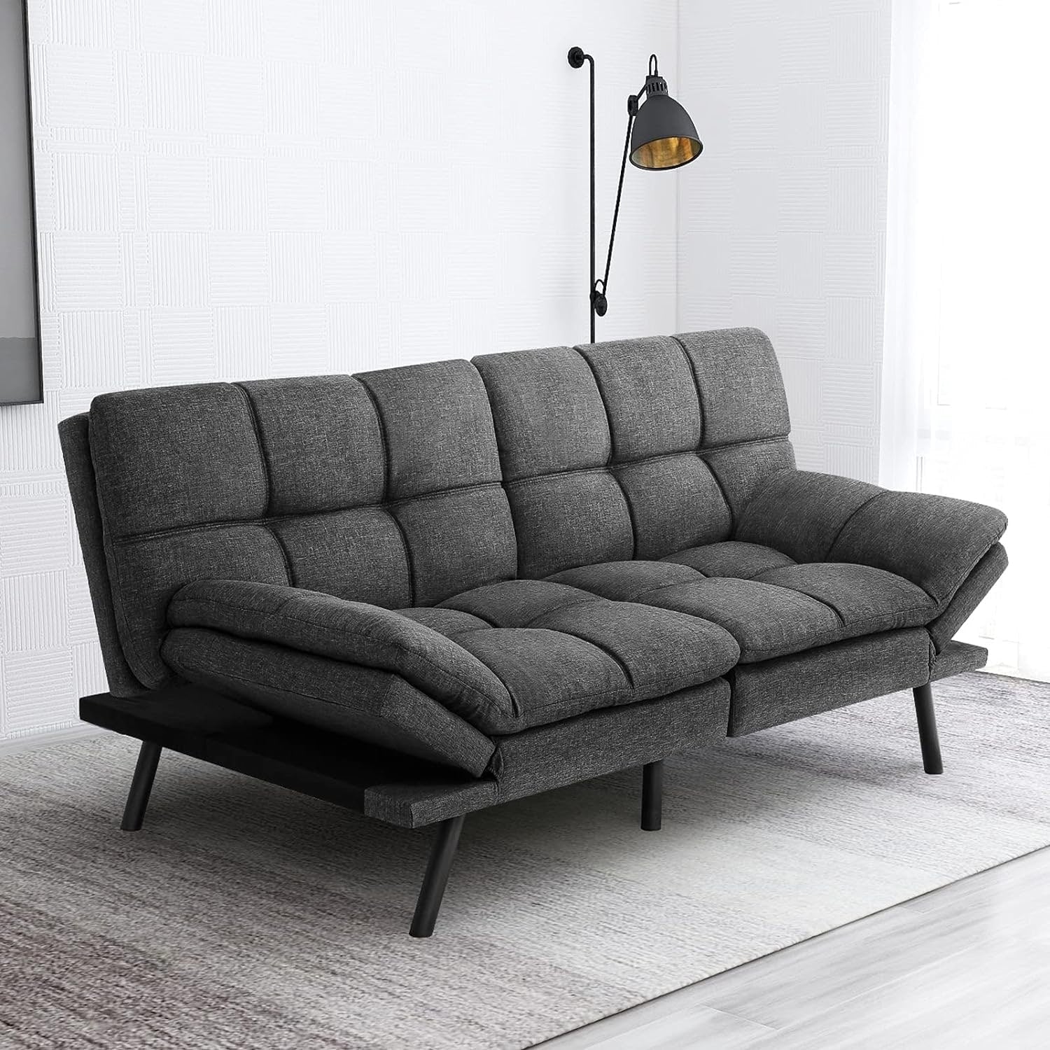 Futon Sofa Bed, Modern Convertible Sleeper Couch with Adjustable Armrests for Studio, Office, Apartment, Compact Living Room