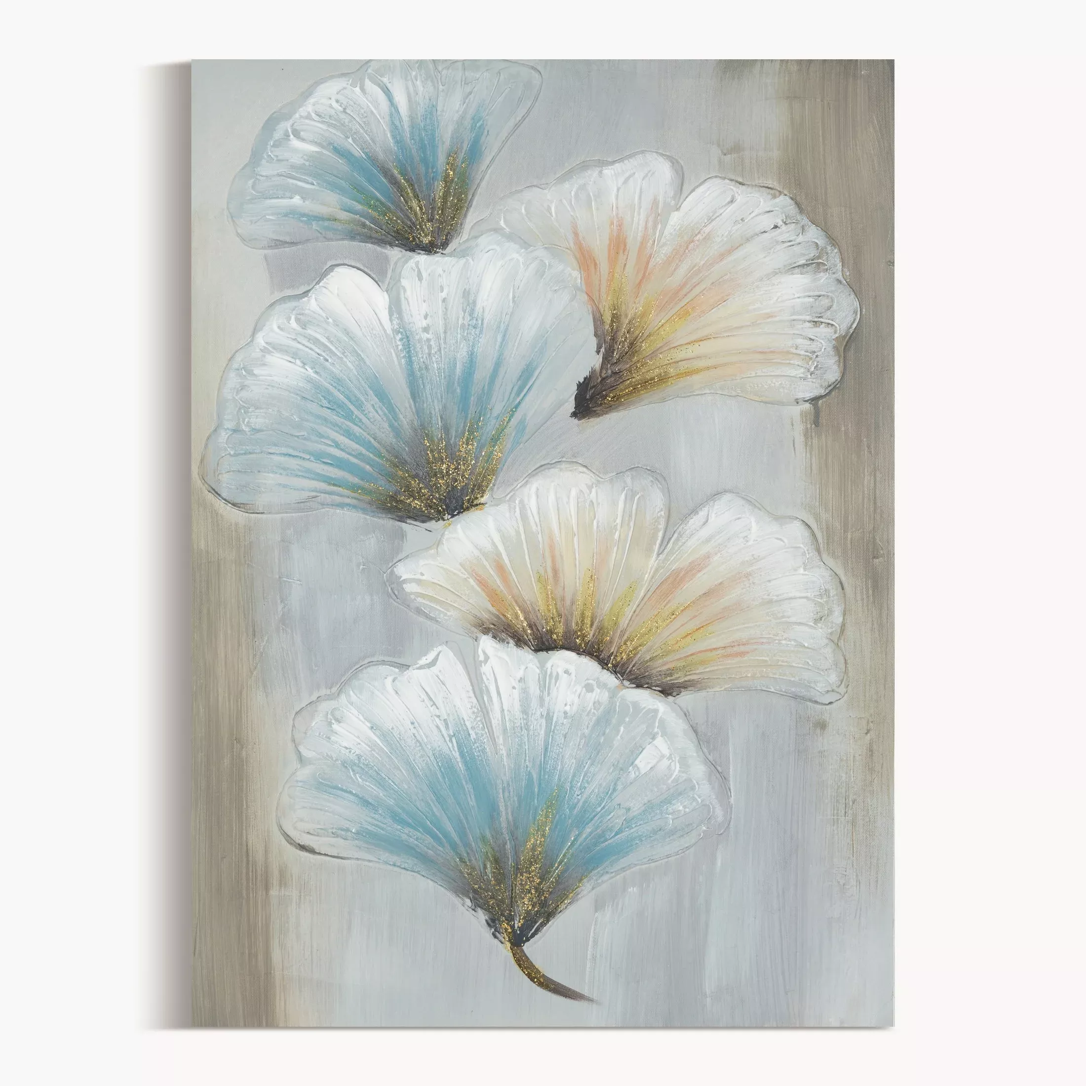 Obraz roślinny beżowo, niebieski ręcznie malowany na płótnie z motywem liści miłorzębu 50x70 cm GINKO 2