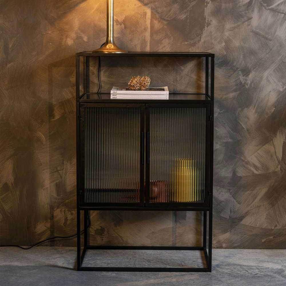 BOLI - Vitrine 2 portes en métal et verre trempé 105x65cm noir