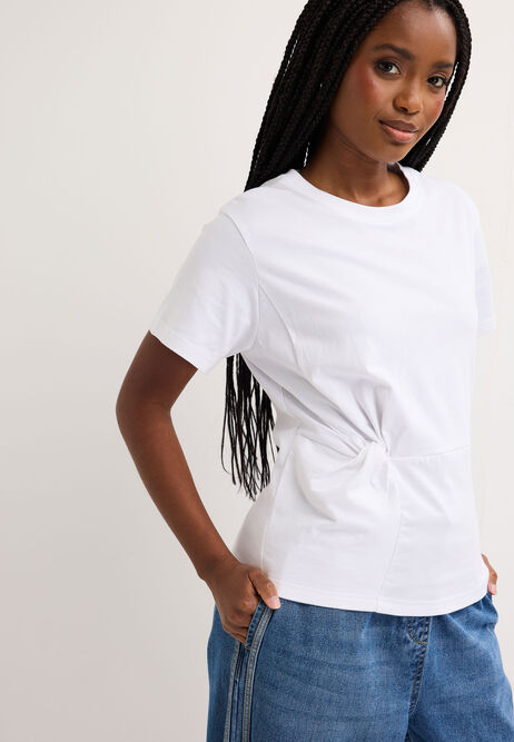 Womens White Side Twist Cotton T-Shirt