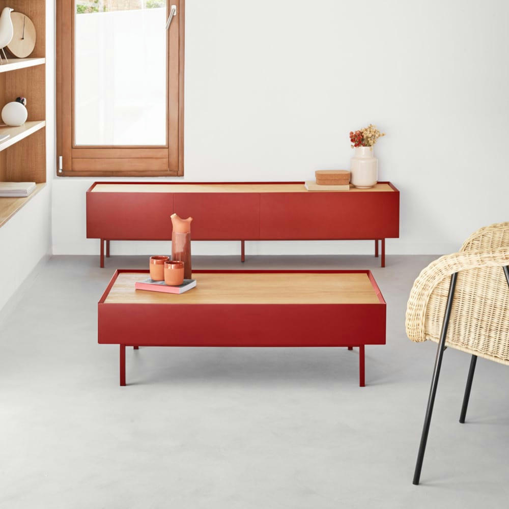 ARISTA - Meuble TV en bois 1 porte 2 tiroirs L180cm rouge