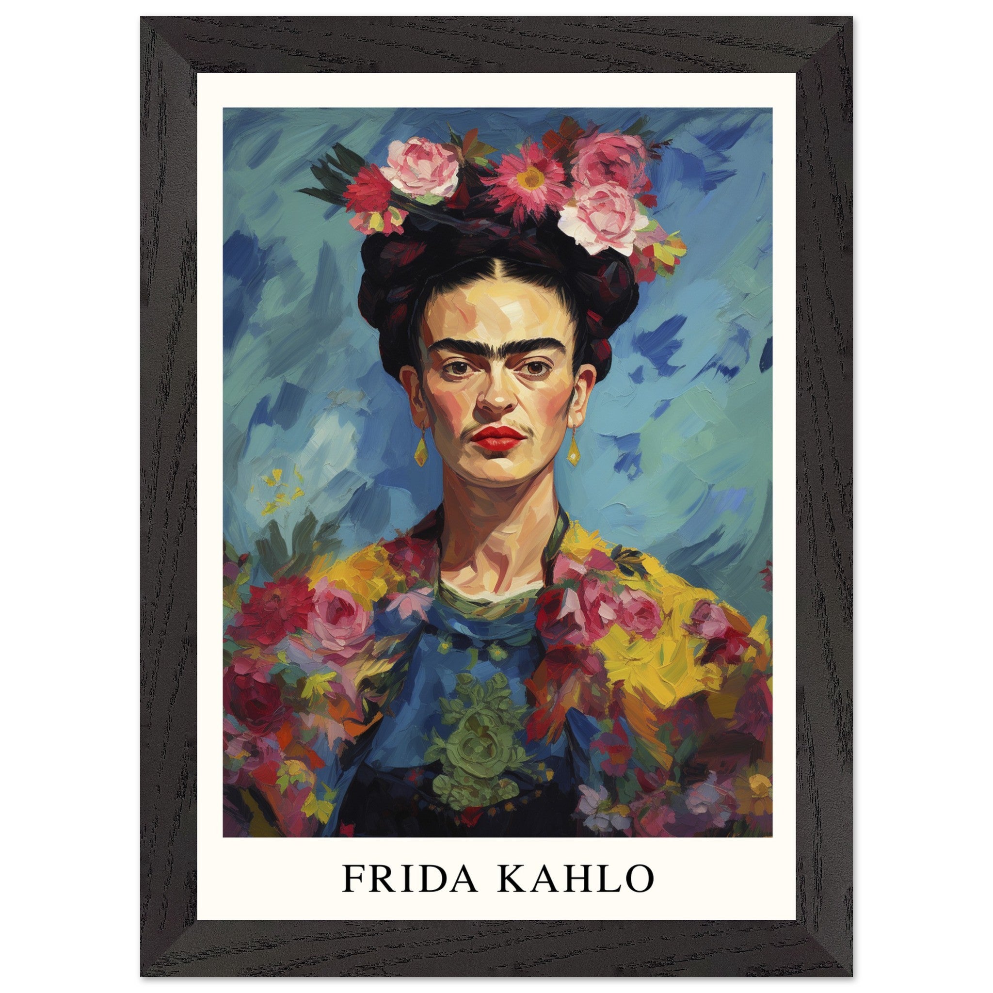 Artfulprints Poster met Lijst Frida Kahlo - Painted floral portrait  - A4 21x29.7 cm - Meerkleurig