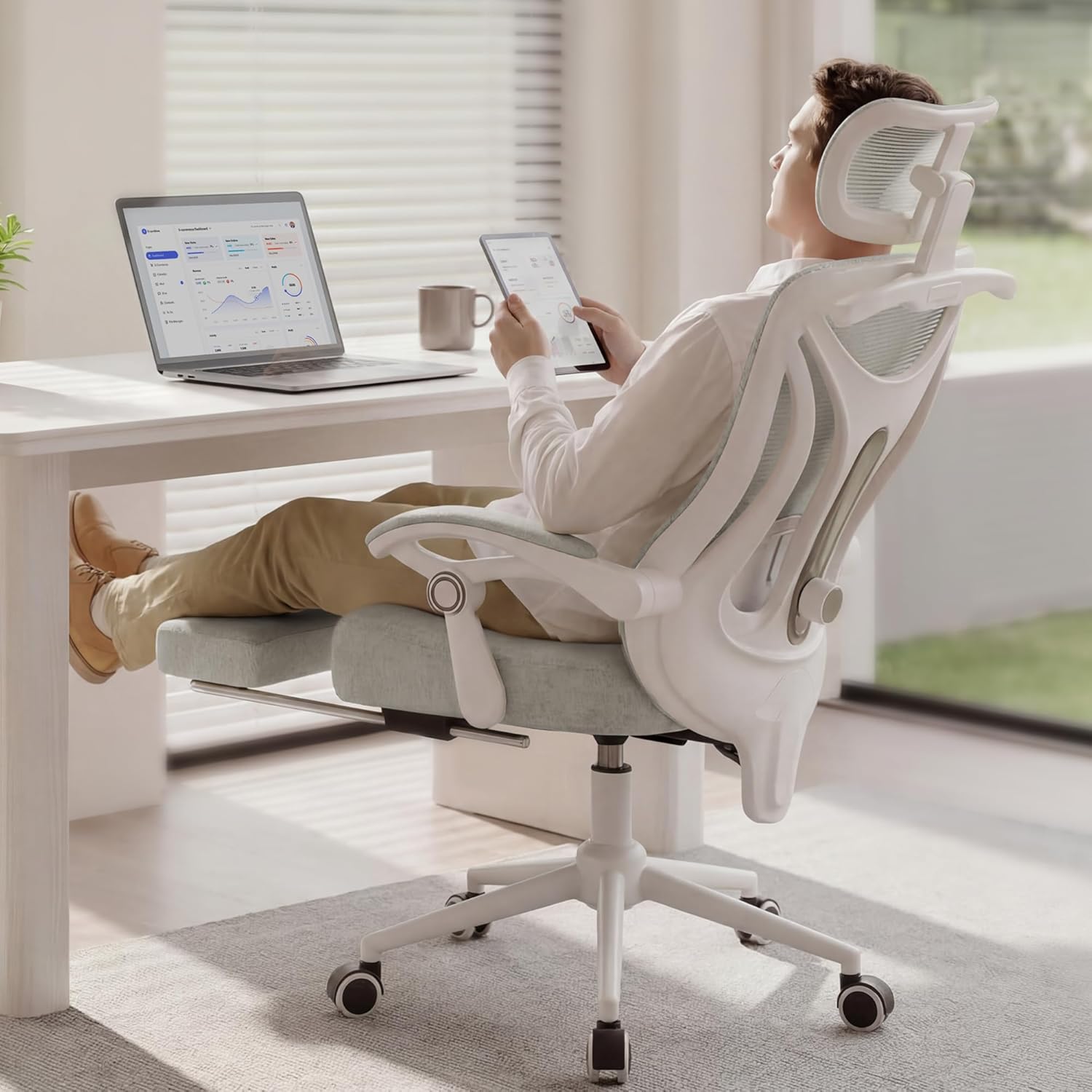 Ergonomic Office Chair with Footrest - Adjustable Lumbar Support & Headrest, 90-160° Reclining Mesh Back Computer Chair - Home Office/Gaming, 350lbs Capacity