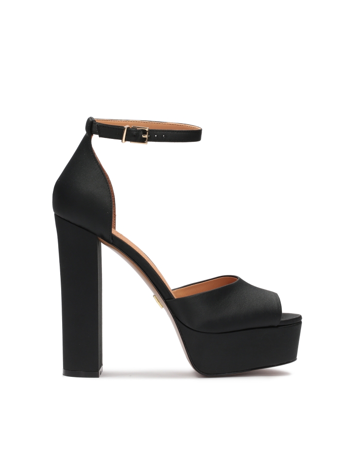 Black fabric sandals with chunky platform and heel