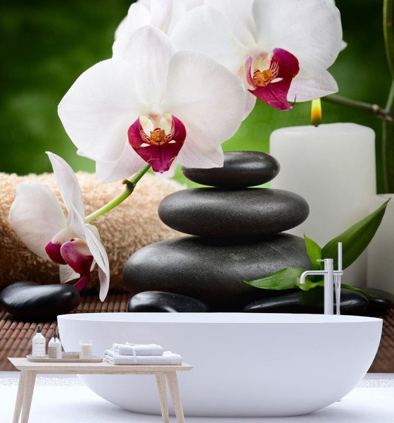 Feeby Fototapeta, Orchidea świeczka i kamienie zen w SPA 100x100