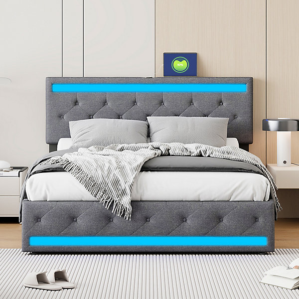 Lit rembourré 140x190 cm, LED, 4 tiroirs, USB, coffre en lin, sommier bois -Gris