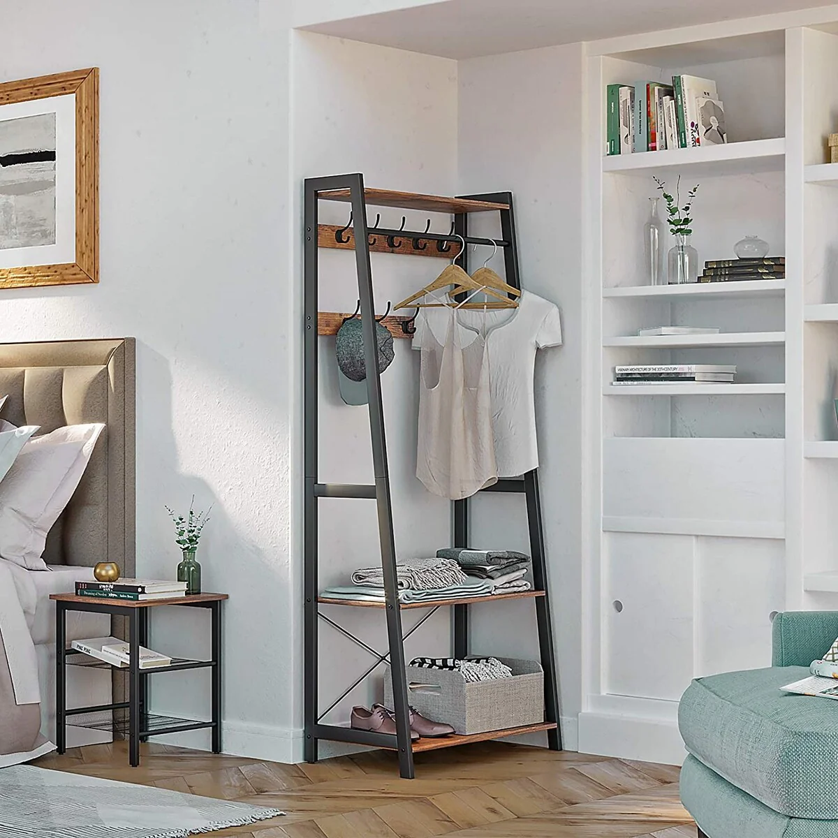 Coat Rack Stand, Wardrobe Garment Rack with 2 Storage Shelves and 9 Heavy Duty Hooks, Wood Look Accent Furniture With Metal