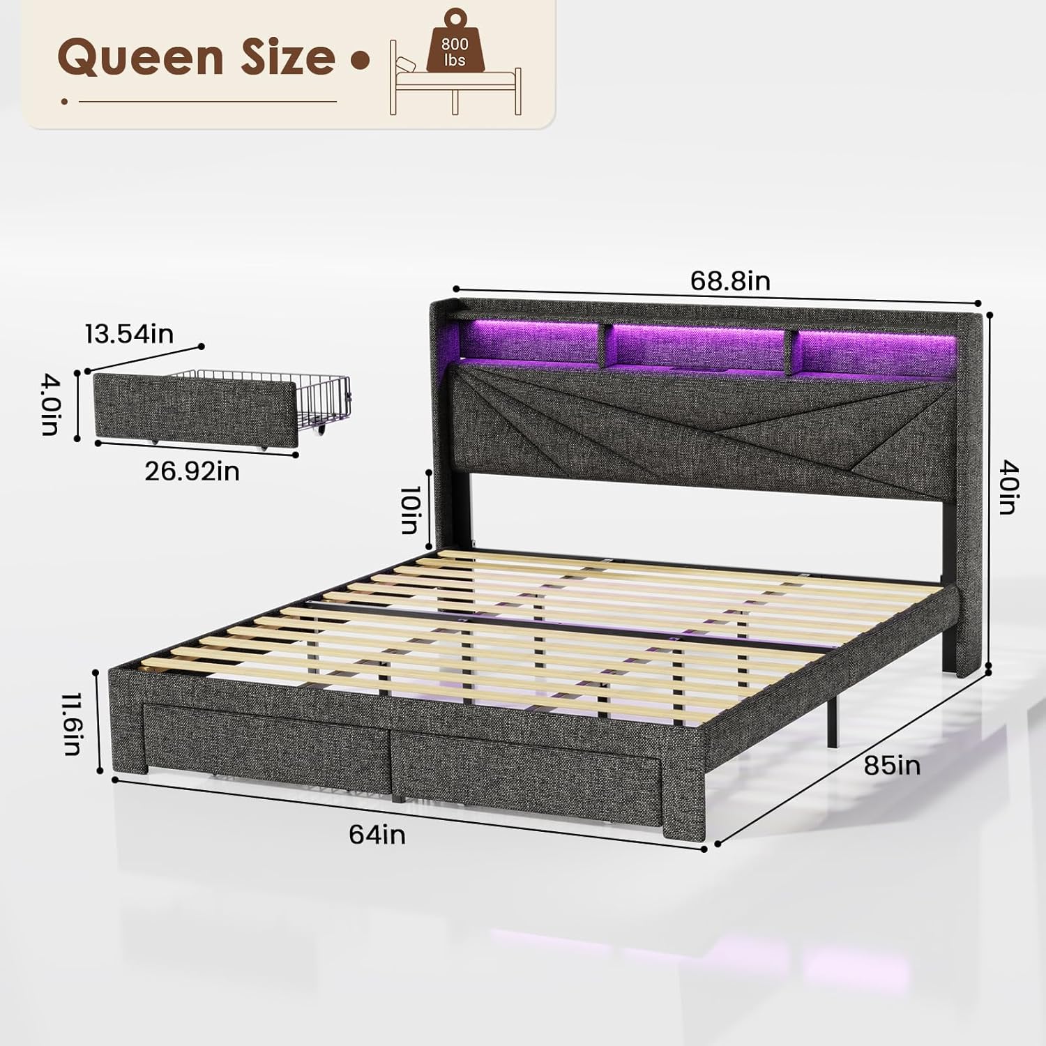 Queen Bed Frame with 2-Tier Storage Headboard, Upholstered Bed Frame Queen Size with 2 Drawers, Charging Station and LED Lights, No Box Spring Needed, Easy Assembly - Dark Grey