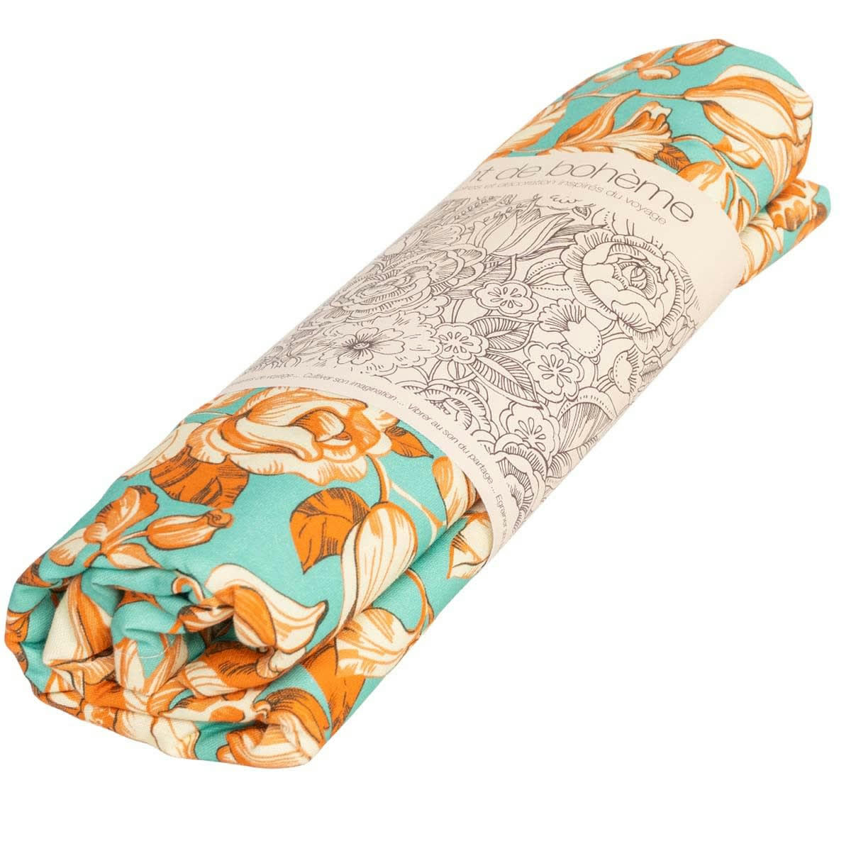 APONI - Nappe grand format en coton imprimé fleuri orange 140x235