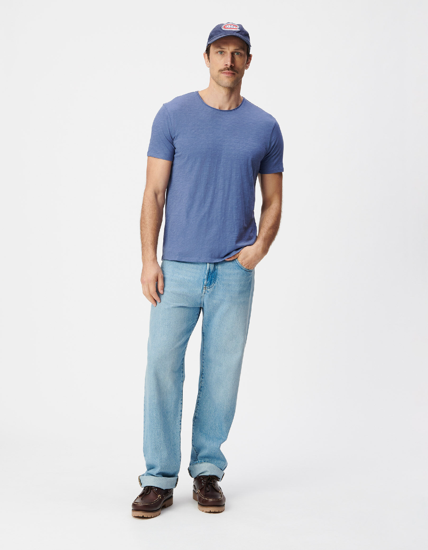 T-shirt col rond bleu coton bio flammé Homme