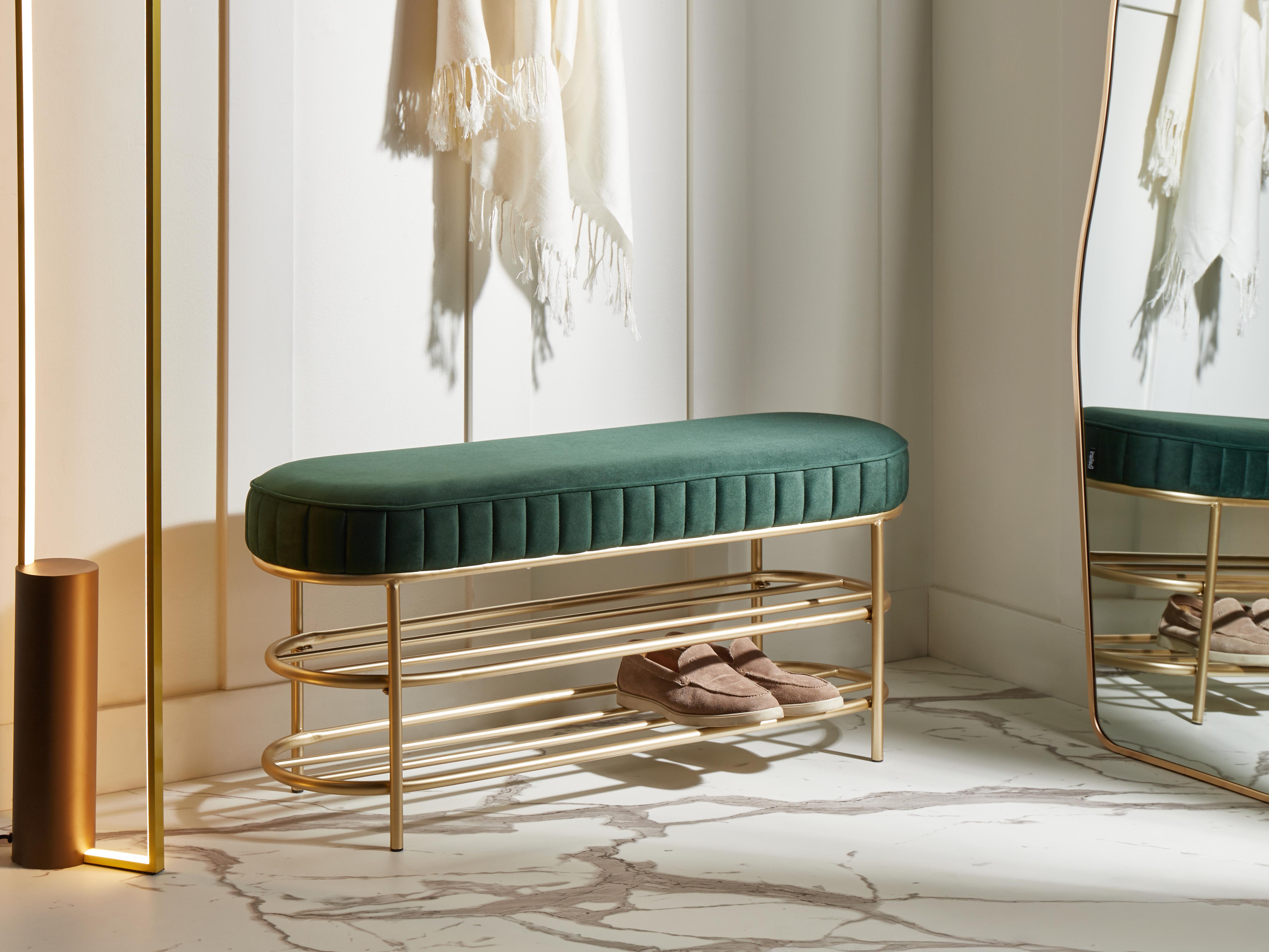 2 Tier Shoe Bench VERGENNES Velvet Emerald Green with Shelf