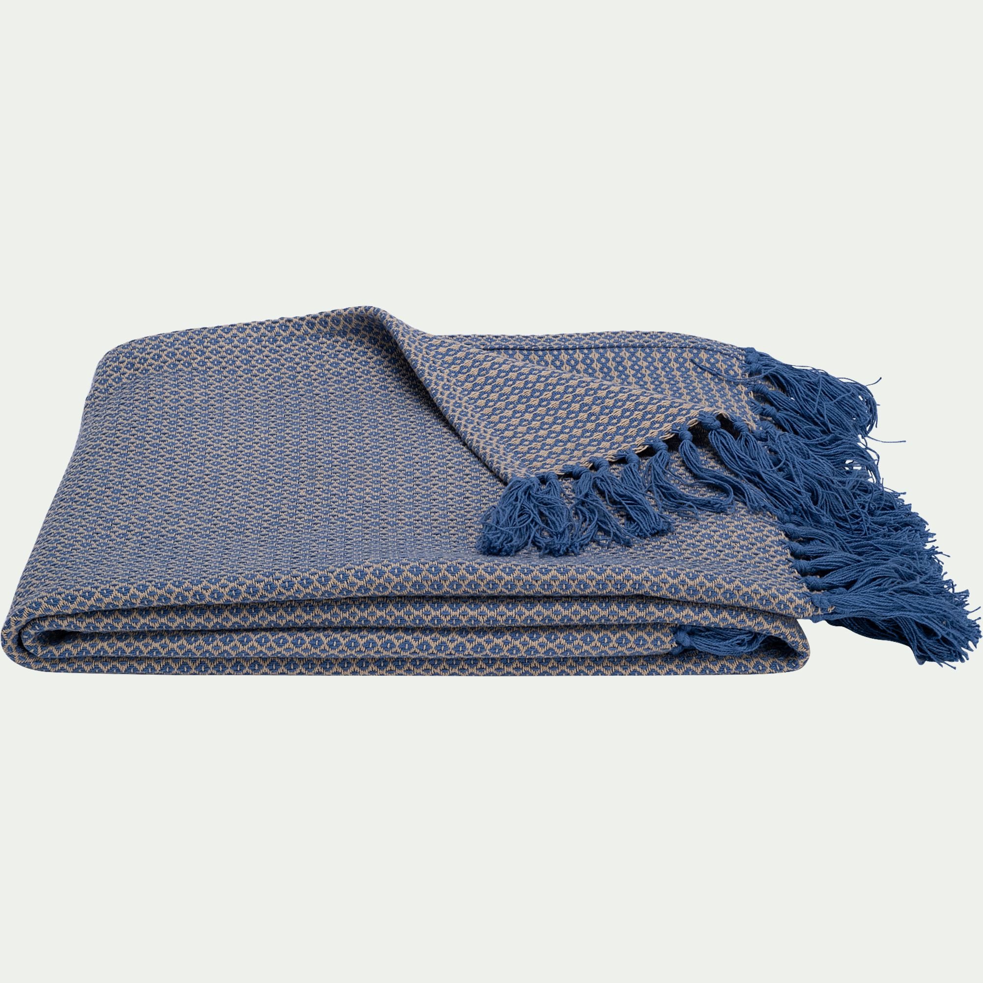 PARA - Plaid à franges motifs en coton - bleu 130X170cm