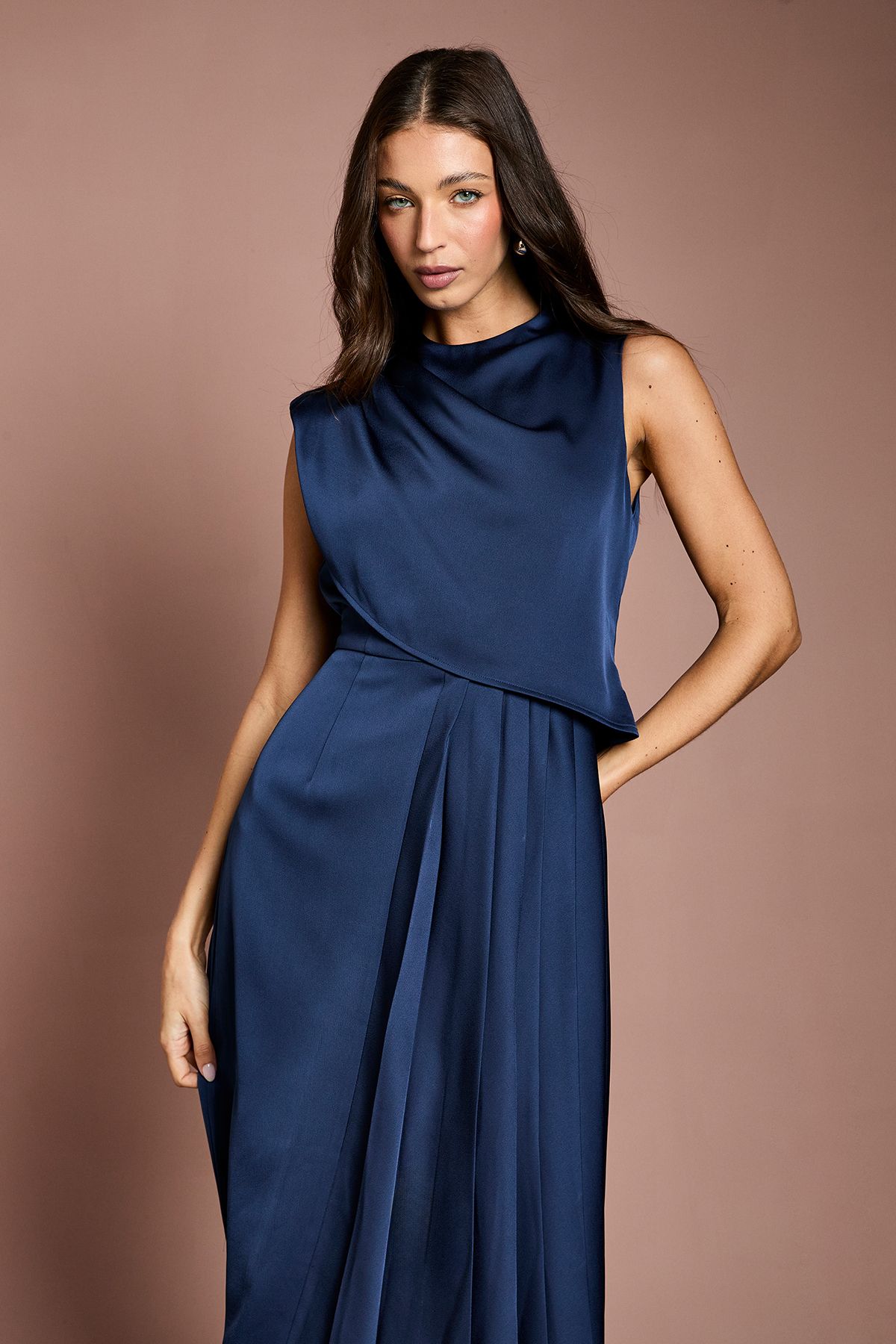 Coast Satin Drape Shoulder Pleated Skirt Midi Dress
