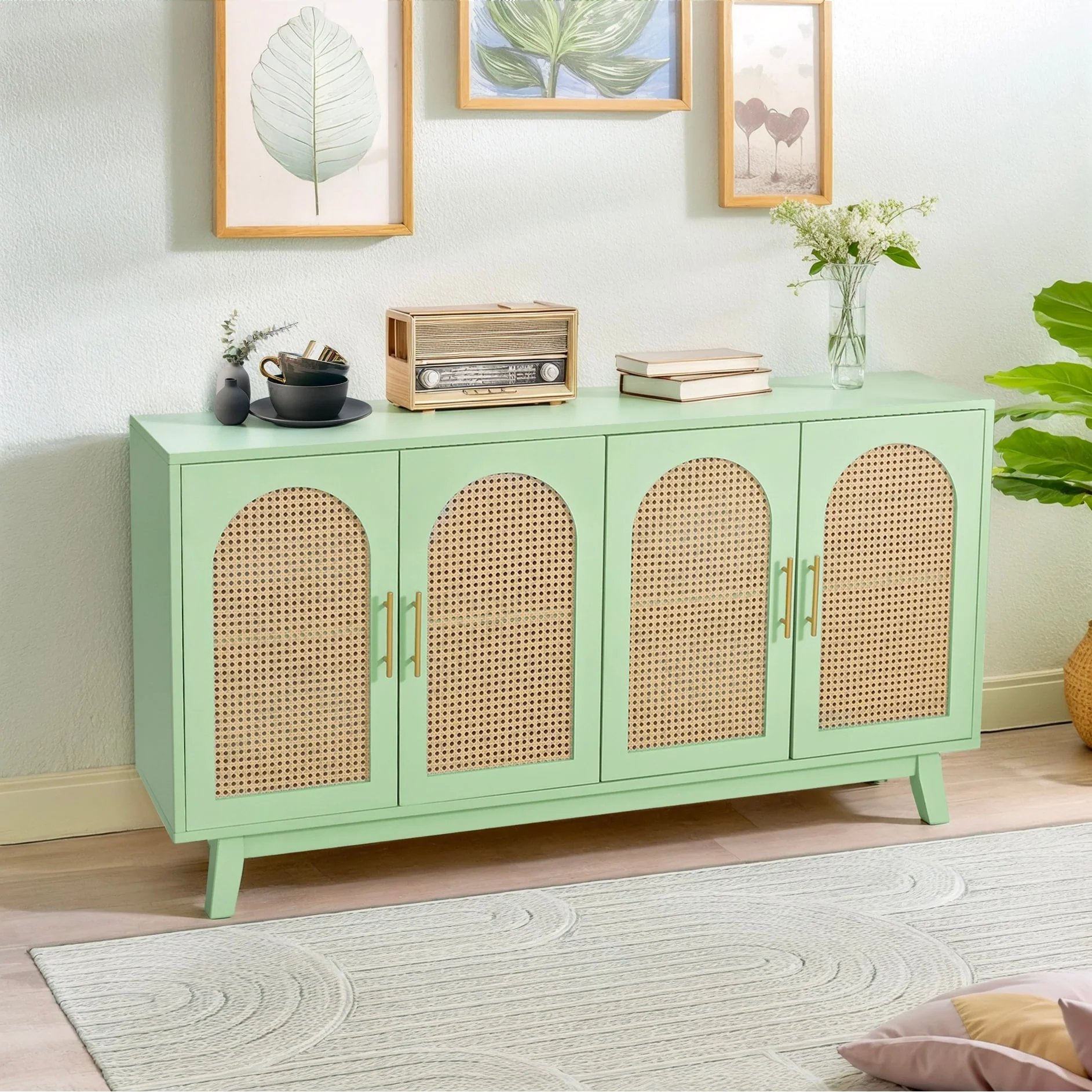 Modern Buffet Cabinet with Rattan Doors and Storage Shelf for Living Room, Hallway, Entryway