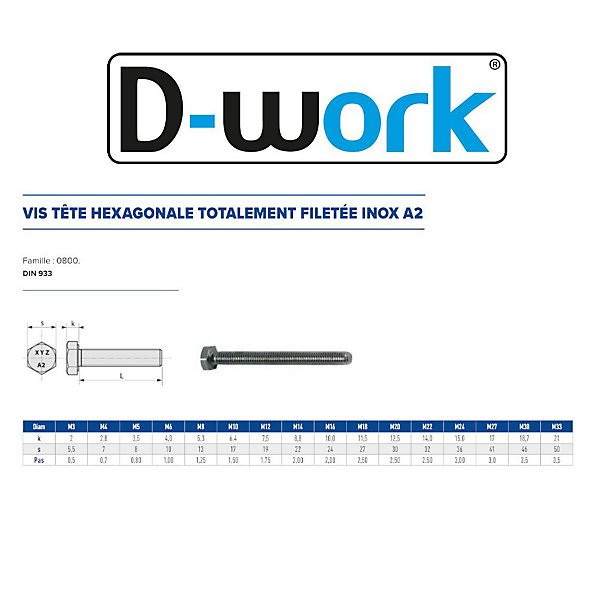 25 Vis Métaux Tête Hexagonale F/Total 18 x 110 mm - DIN 933 - Inox A2 - D-Work